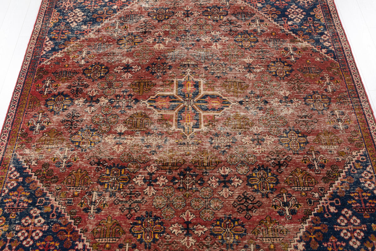 Vintage Faded rust red and navy blue Geometric Rug – 9' 9" x 6' 9" (297 x 207 cm)
