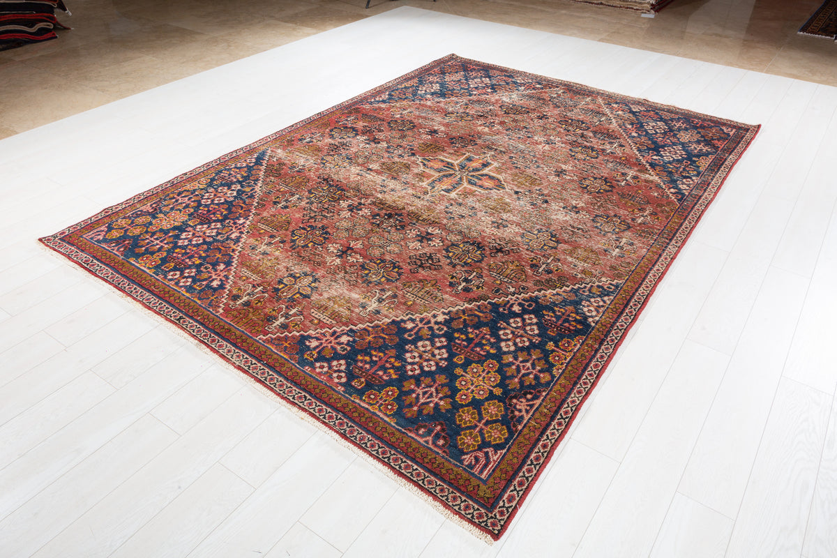 Vintage Faded rust red and navy blue Geometric Rug – 9' 9" x 6' 9" (297 x 207 cm)