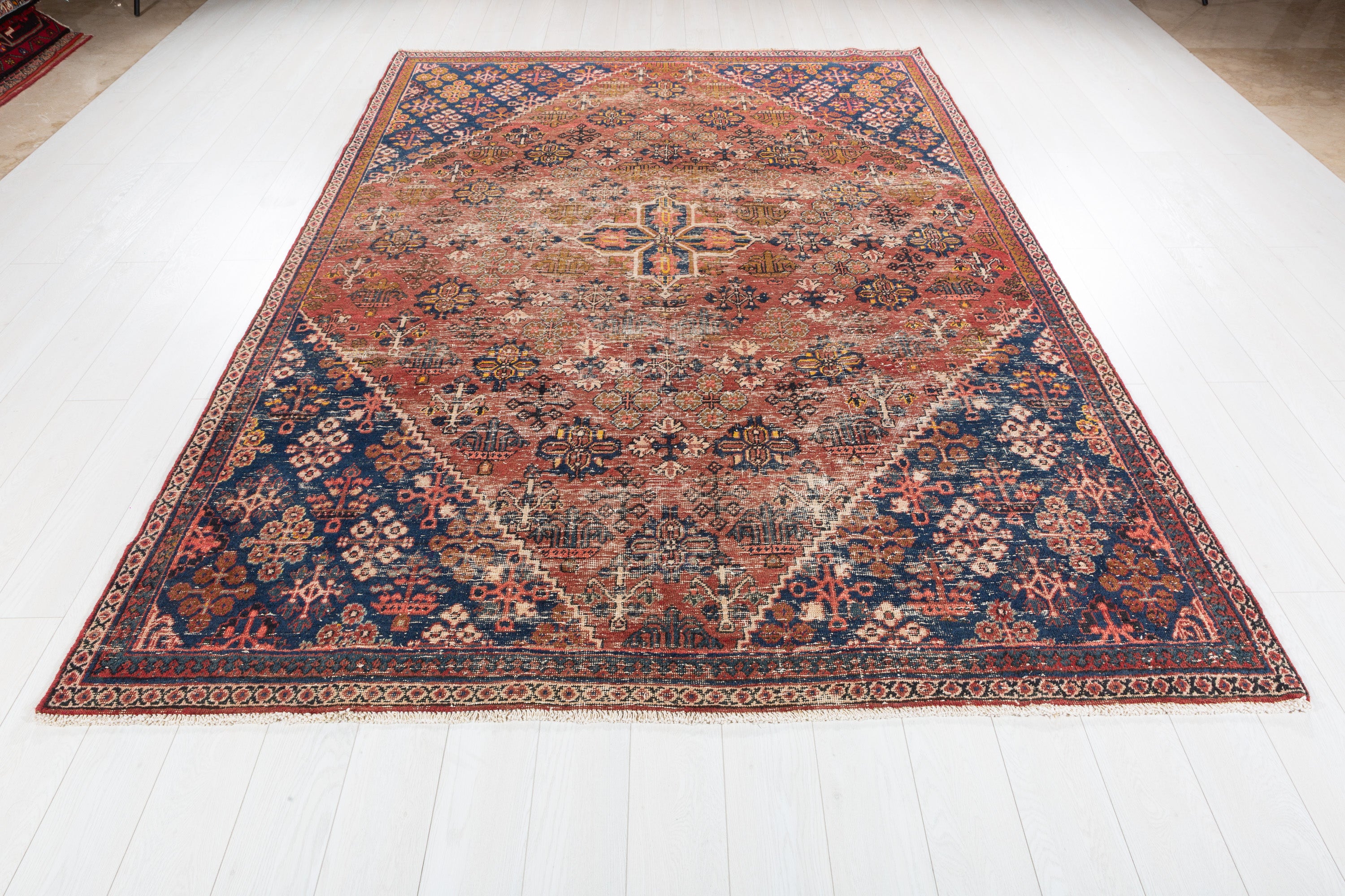 Vintage Faded rust red and navy blue Geometric Rug – 9' 9" x 6' 9" (297 x 207 cm)
