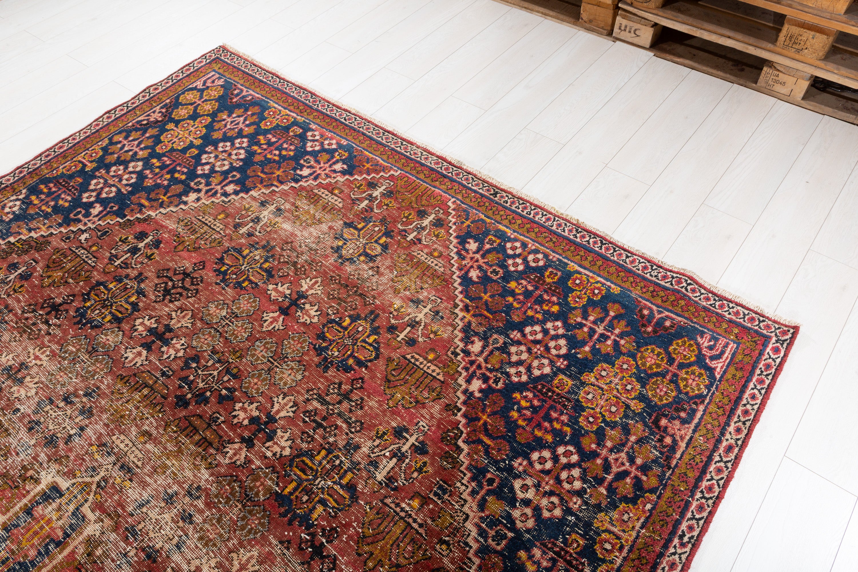 Vintage Faded rust red and navy blue Geometric Rug – 9' 9" x 6' 9" (297 x 207 cm)