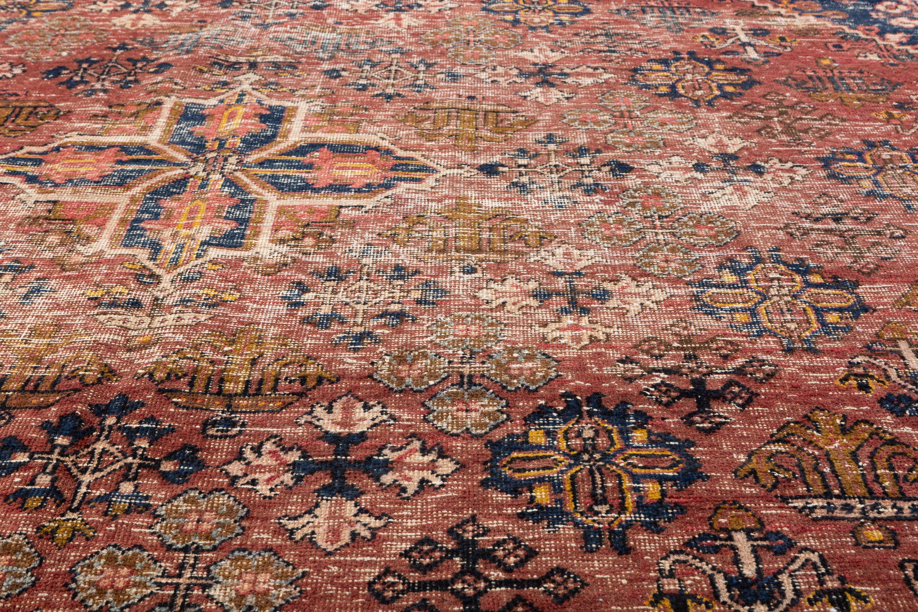 Vintage Faded rust red and navy blue Geometric Rug – 9' 9" x 6' 9" (297 x 207 cm)