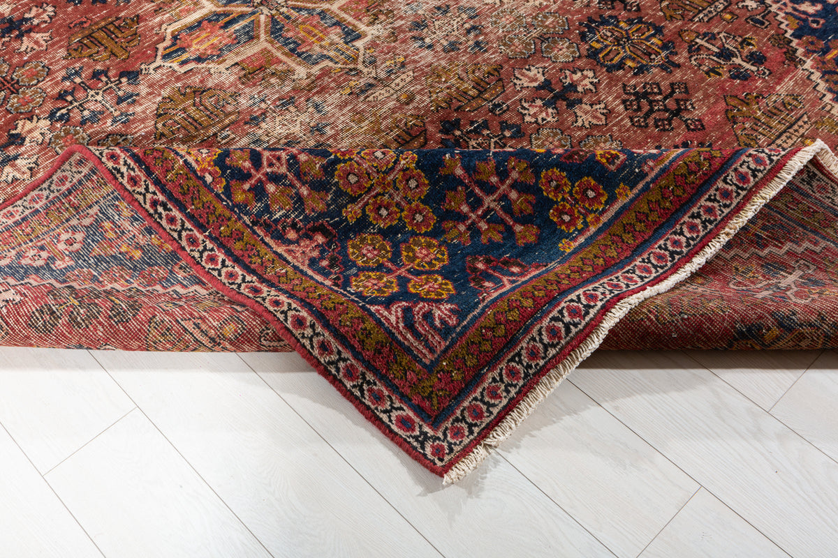 Vintage Faded rust red and navy blue Geometric Rug – 9' 9" x 6' 9" (297 x 207 cm)