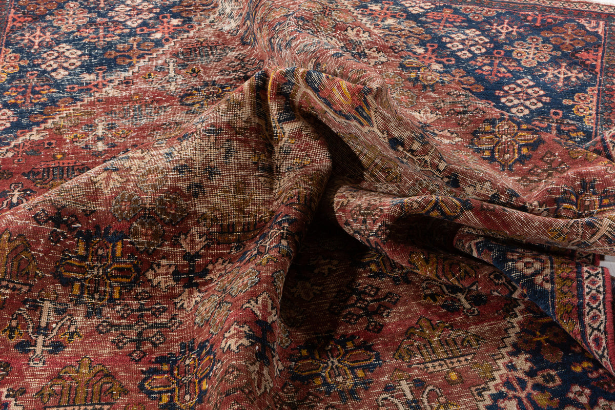 Vintage Faded rust red and navy blue Geometric Rug – 9' 9" x 6' 9" (297 x 207 cm)