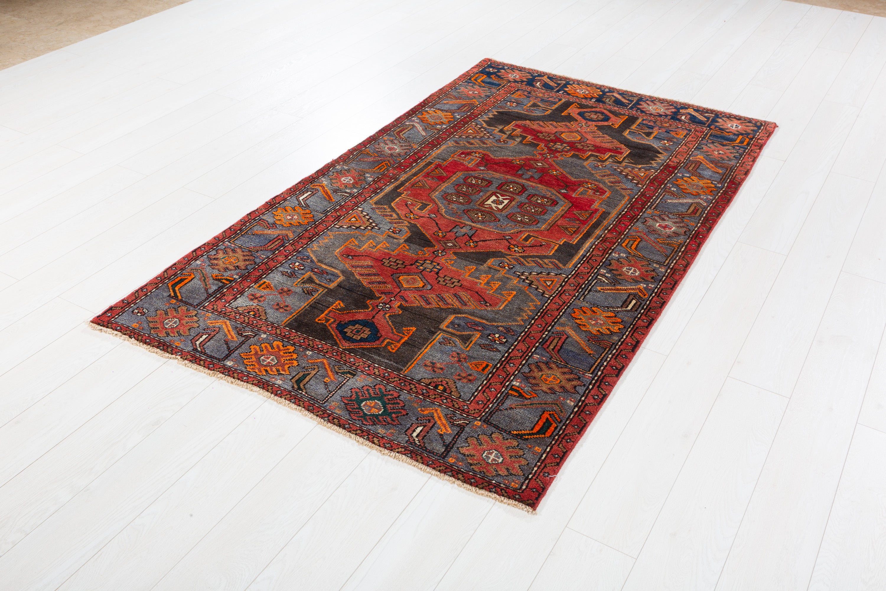 Collectible Vintage Red and blue Geometric Rug – 6' 10" x 4' 0" (209 x 122 cm)