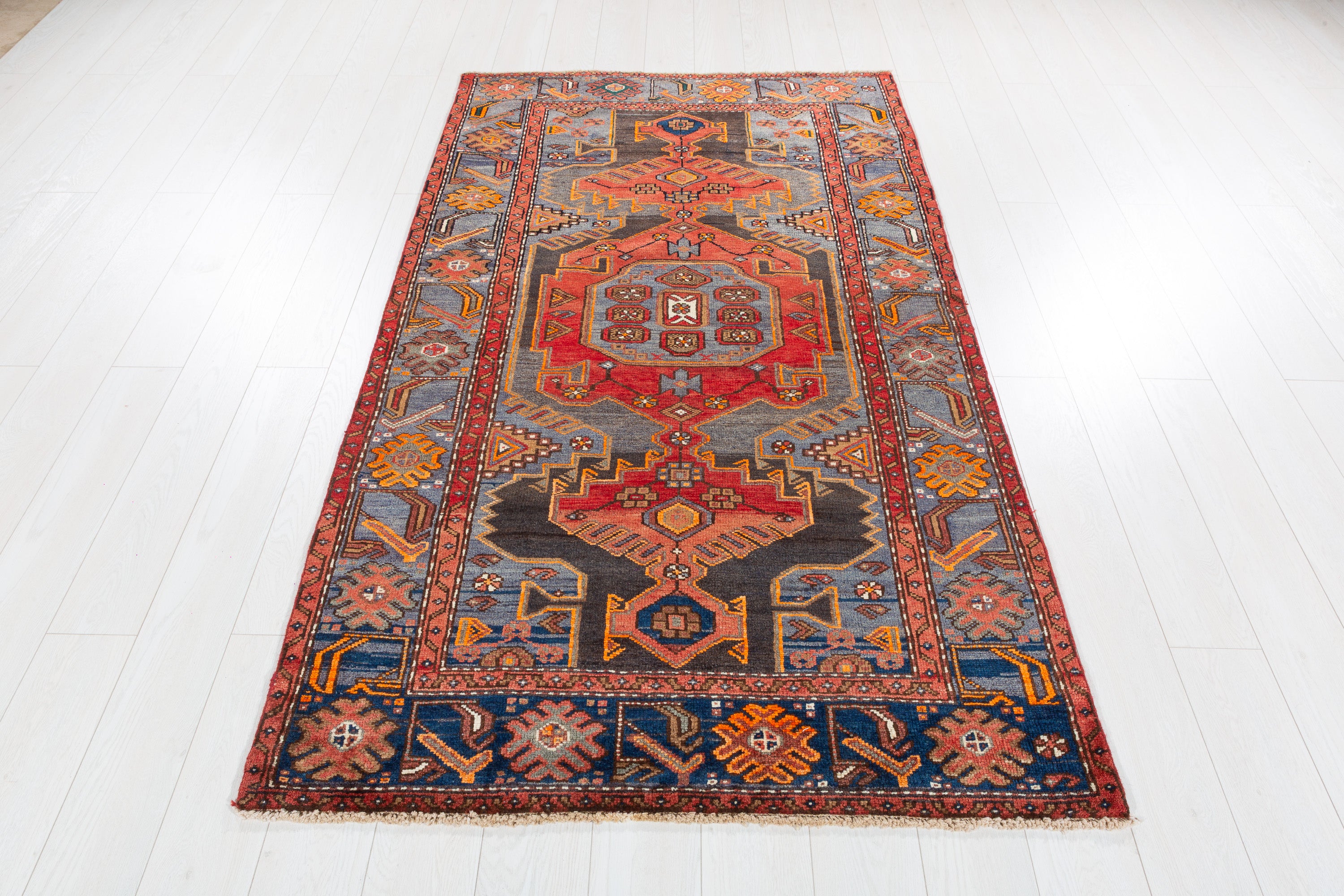 Collectible Vintage Red and blue Geometric Rug – 6' 10" x 4' 0" (209 x 122 cm)