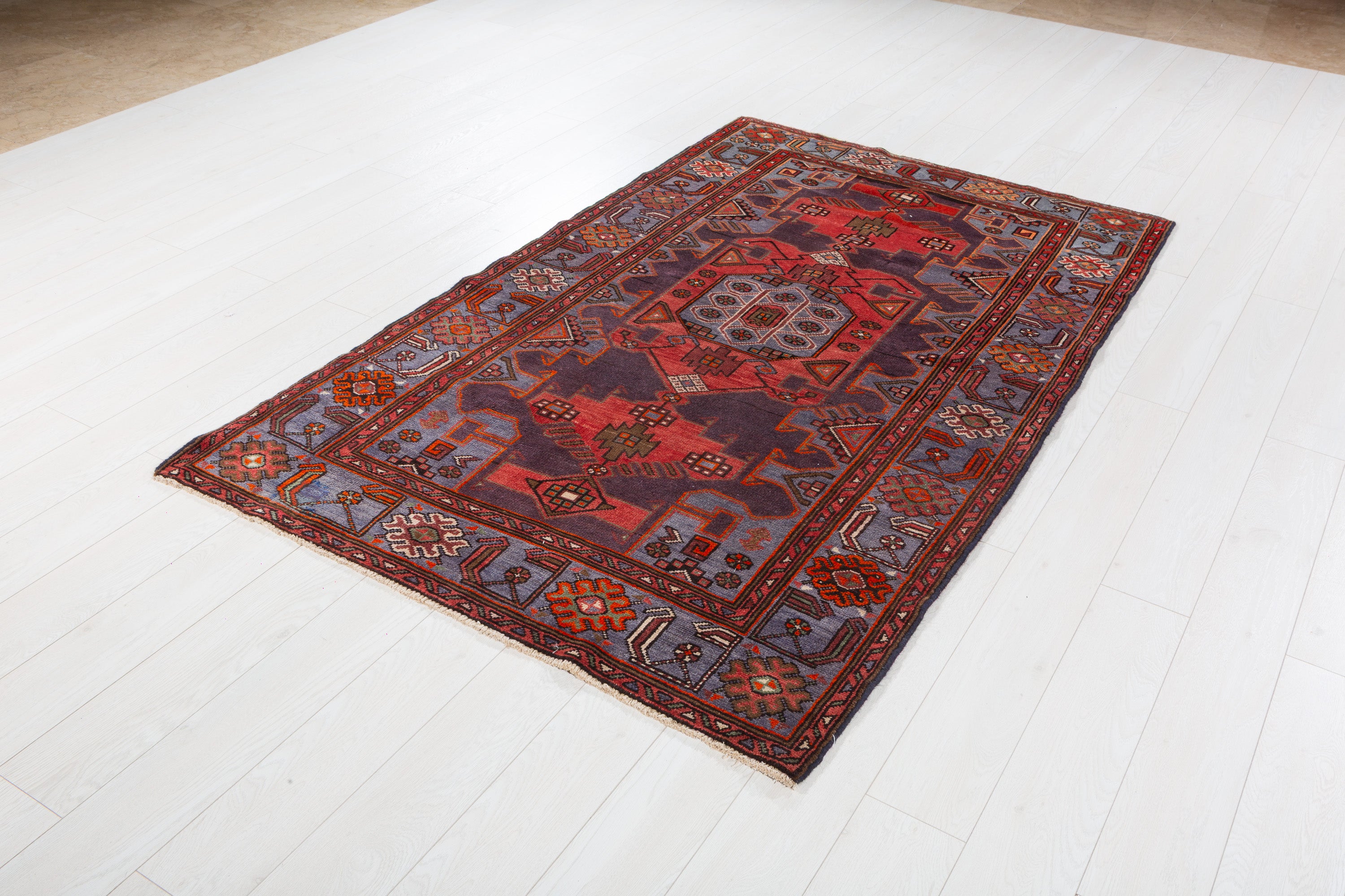 Collectible Vintage Red and blue Geometric Rug – 7' 0" x 4' 4" (213 x 132 cm)