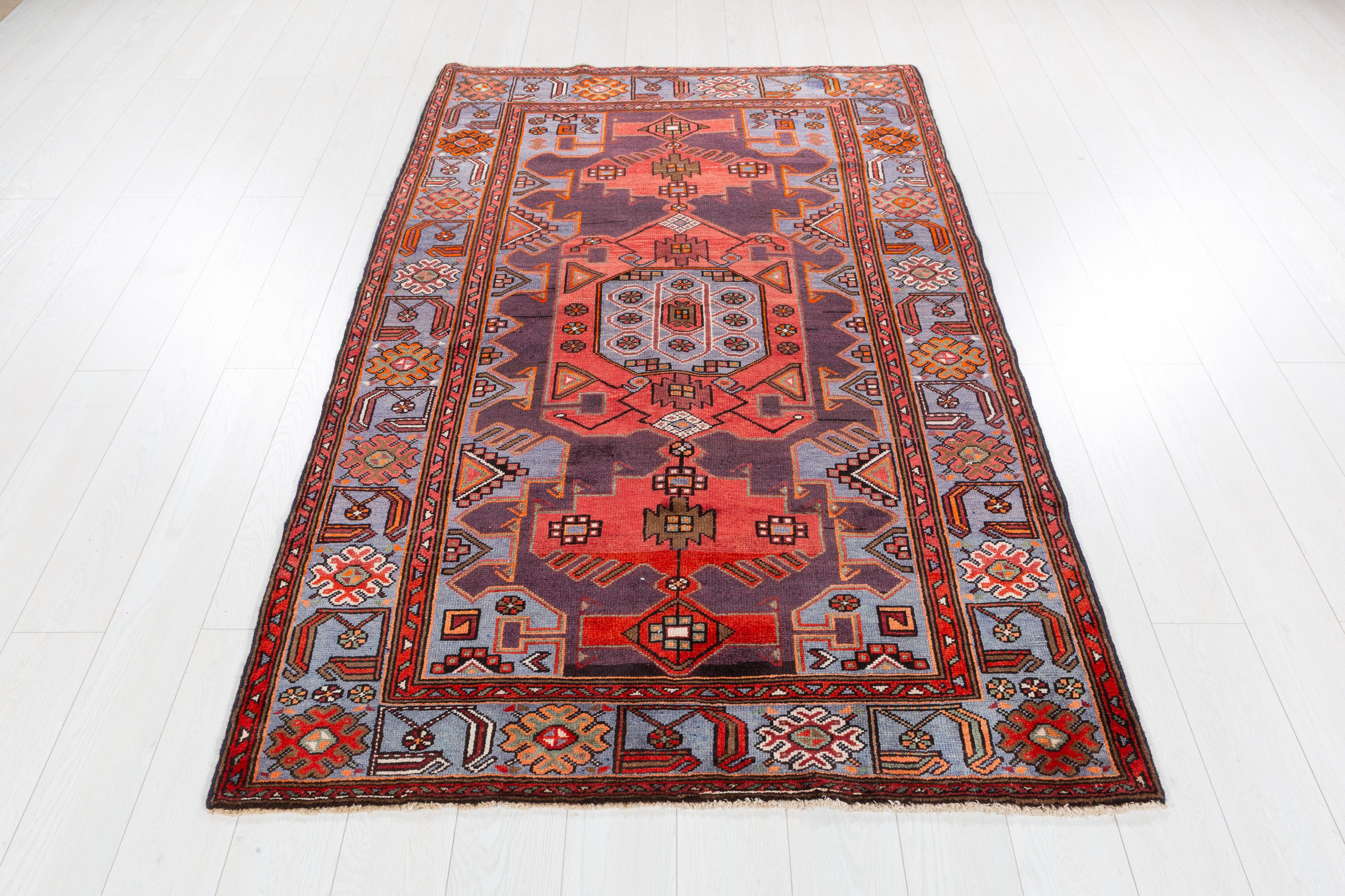 Collectible Vintage Red and blue Geometric Rug – 7' 0" x 4' 4" (213 x 132 cm)