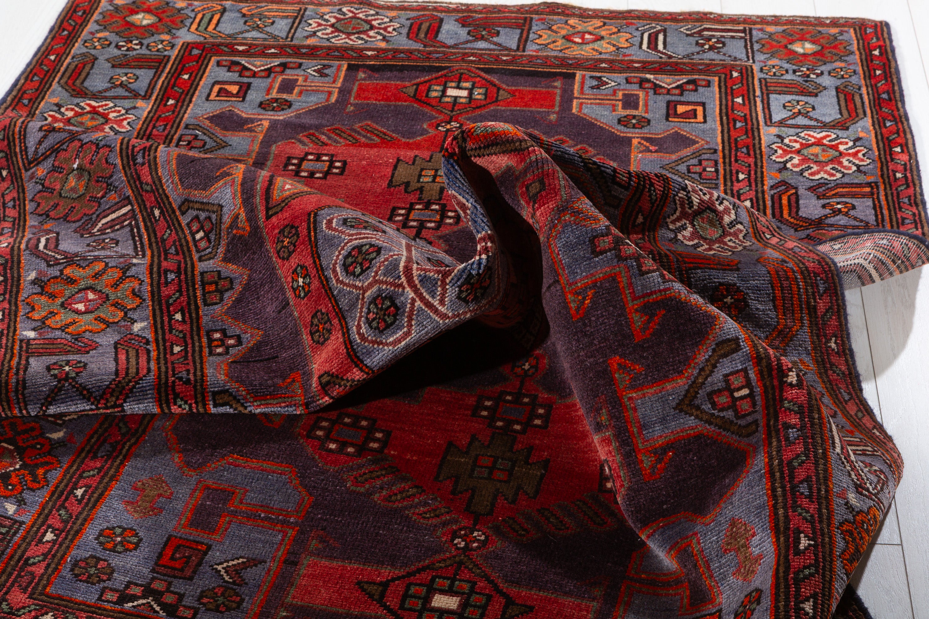 Collectible Vintage Red and blue Geometric Rug – 7' 0" x 4' 4" (213 x 132 cm)