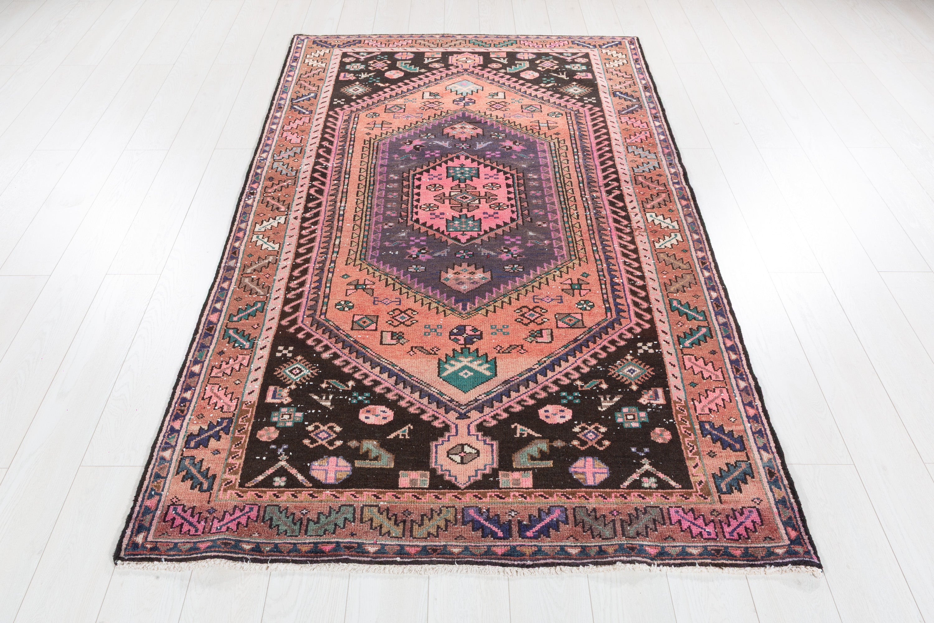 Vintage Faded rust red and purple Geometric Rug – 7' 6" x 4' 5" (228 x 134 cm)