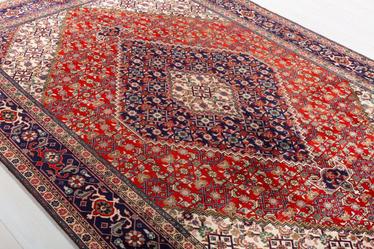 Vintage Brick red and navy blue Geometric Rug – 9' 4" x 6' 3" (284 x 190 cm)