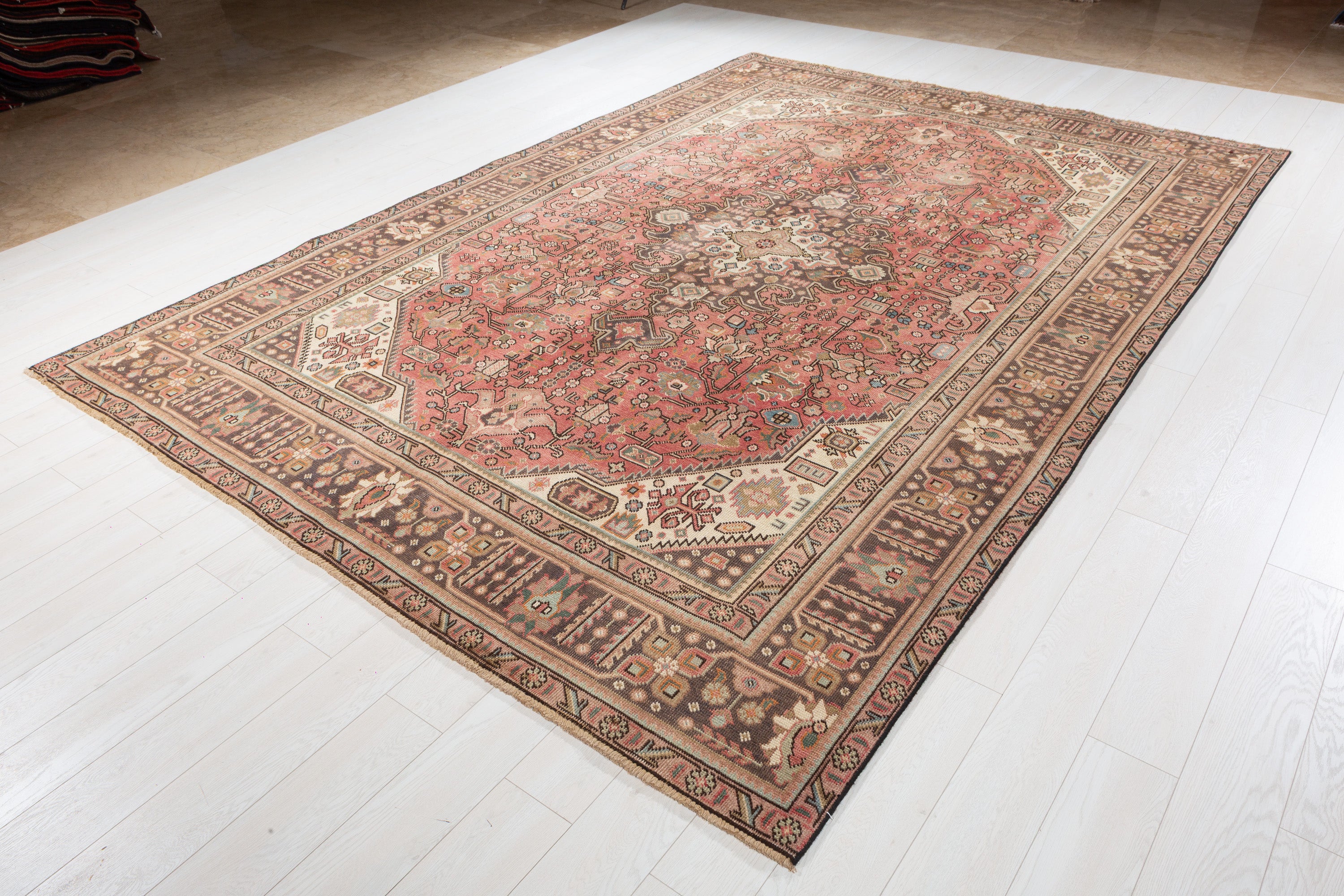 Vintage Faded rust red and navy Geometric Rug – 11' 2" x 7' 9" (340 x 237 cm)