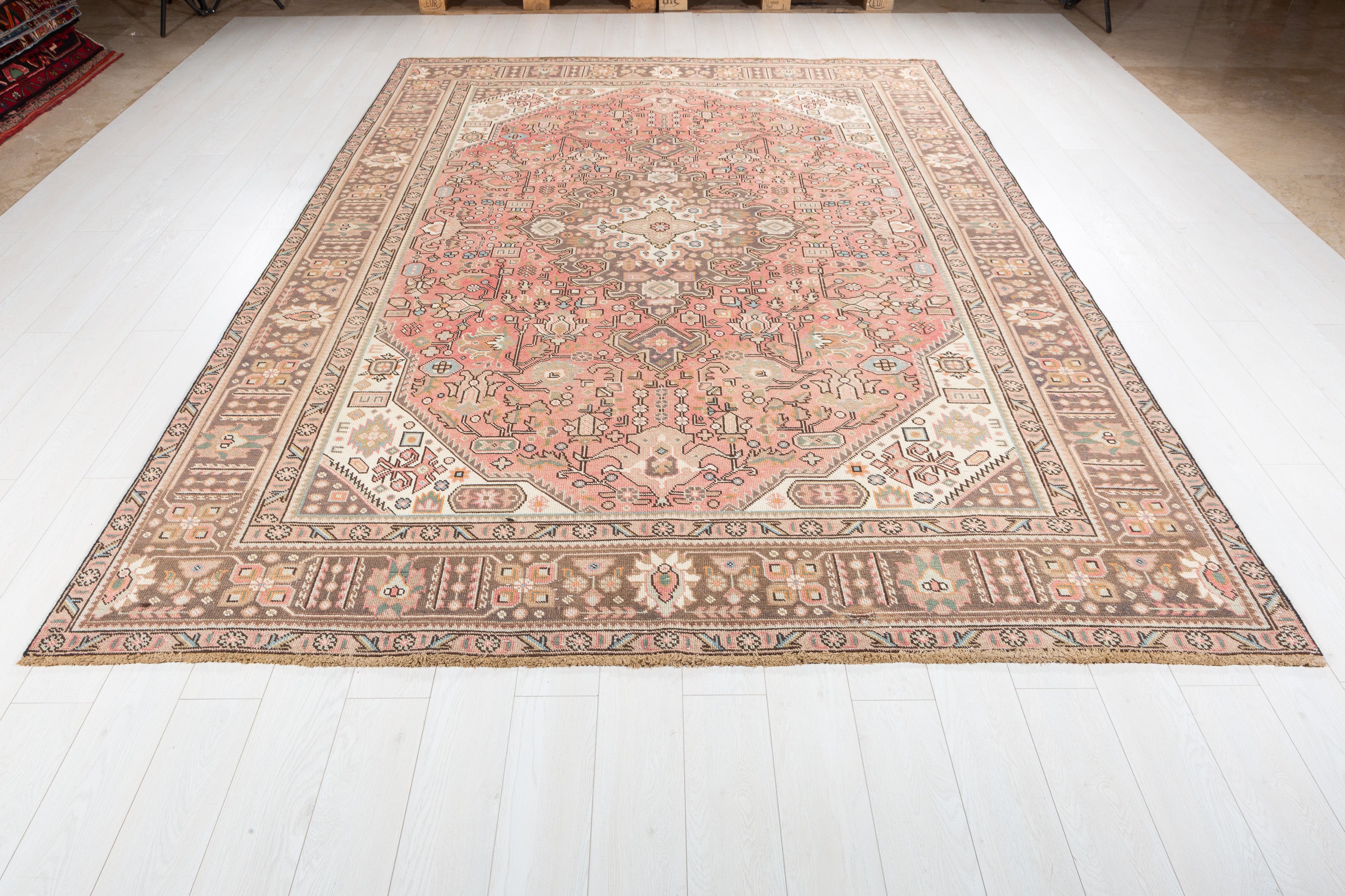 Vintage Faded rust red and navy Geometric Rug – 11' 2" x 7' 9" (340 x 237 cm)
