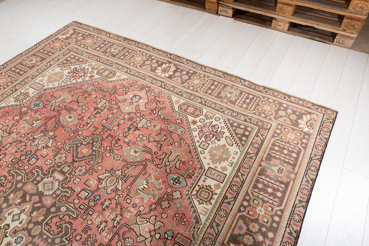 Vintage Faded rust red and navy Geometric Rug – 11' 2" x 7' 9" (340 x 237 cm)