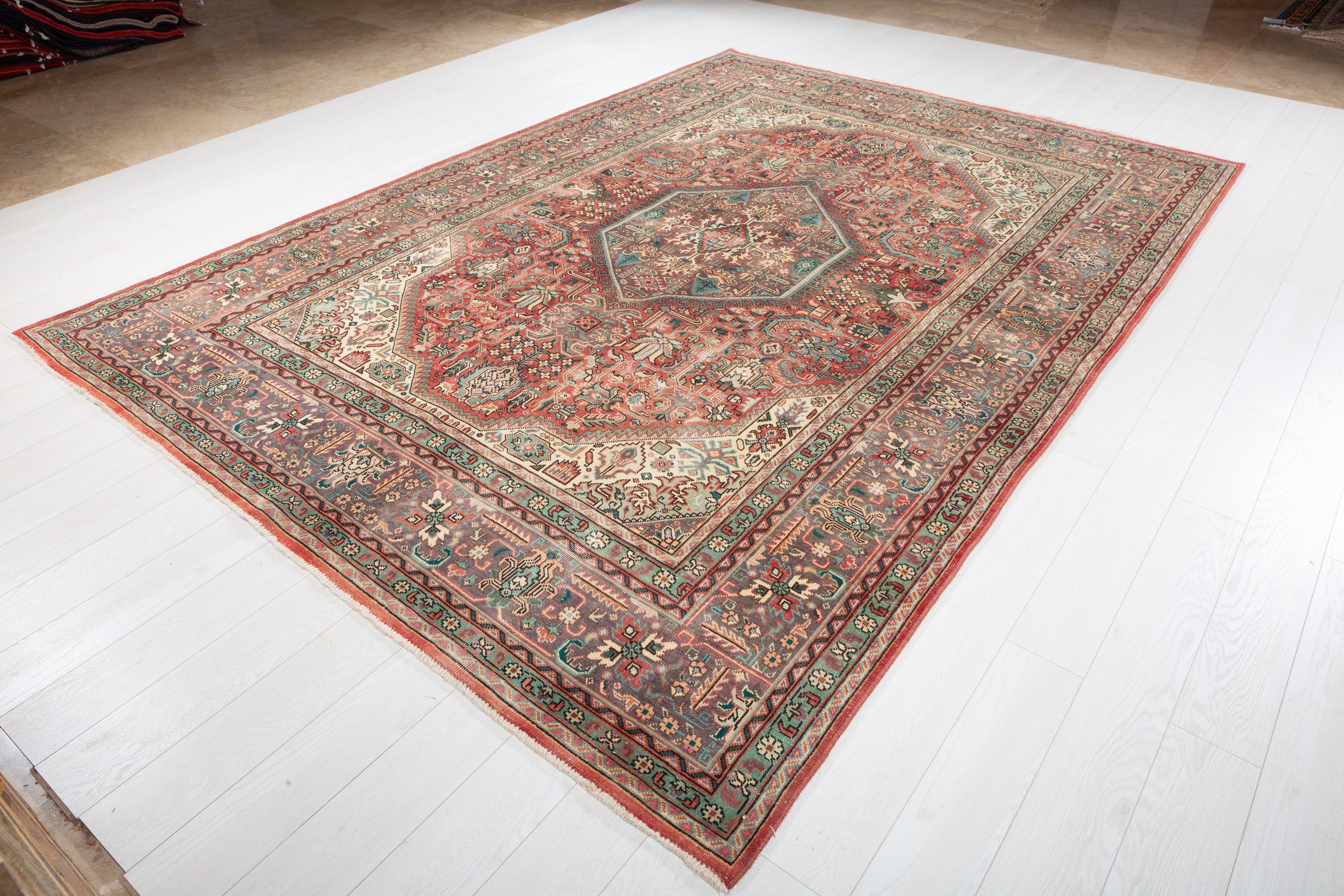 Collectible Vintage Red and navy Geometric Rug – 11' 0" x 7' 11" (335 x 241 cm)