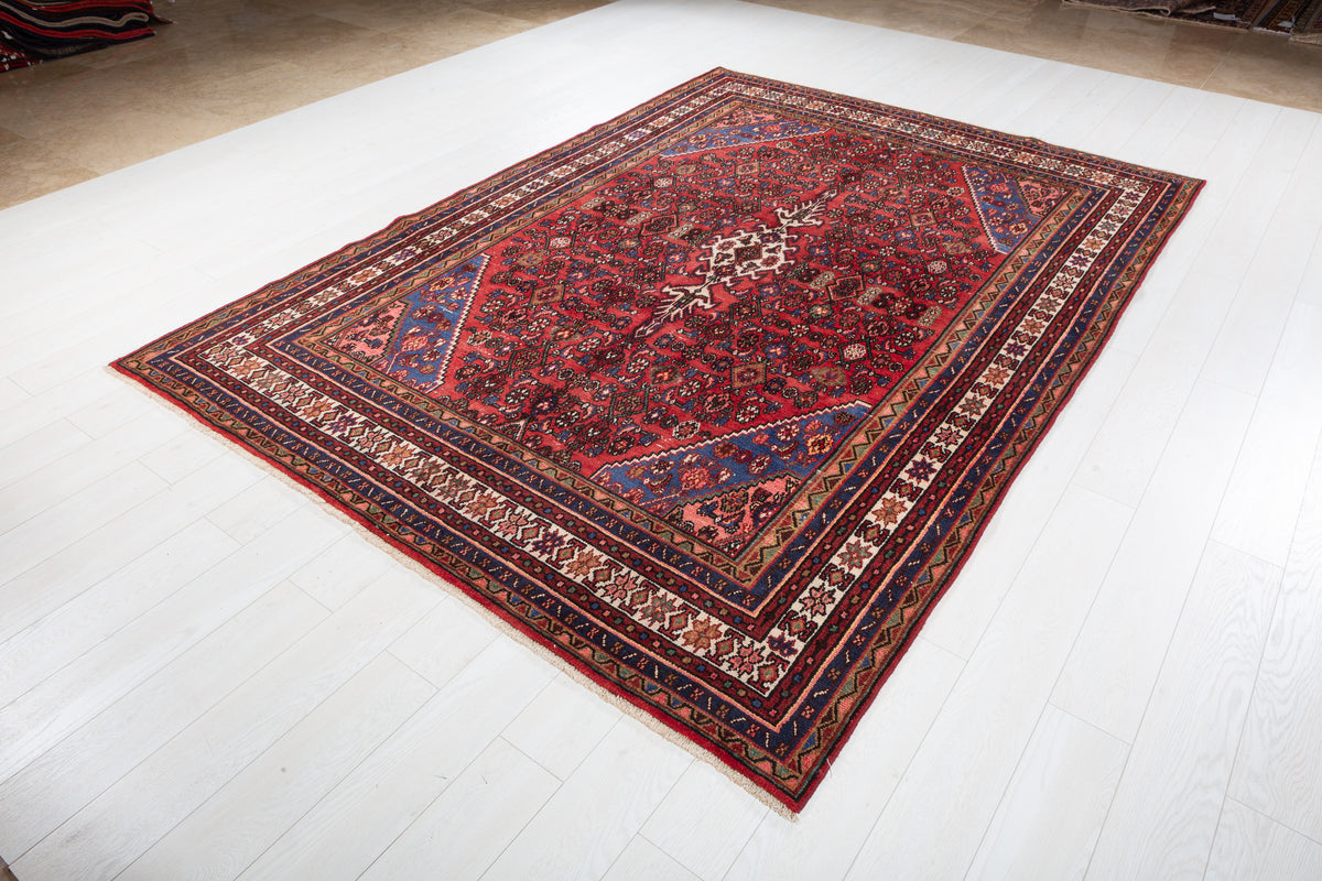 Vintage Red and navy Geometric Rug – 9' 9" x 6' 10" (297 x 209 cm)