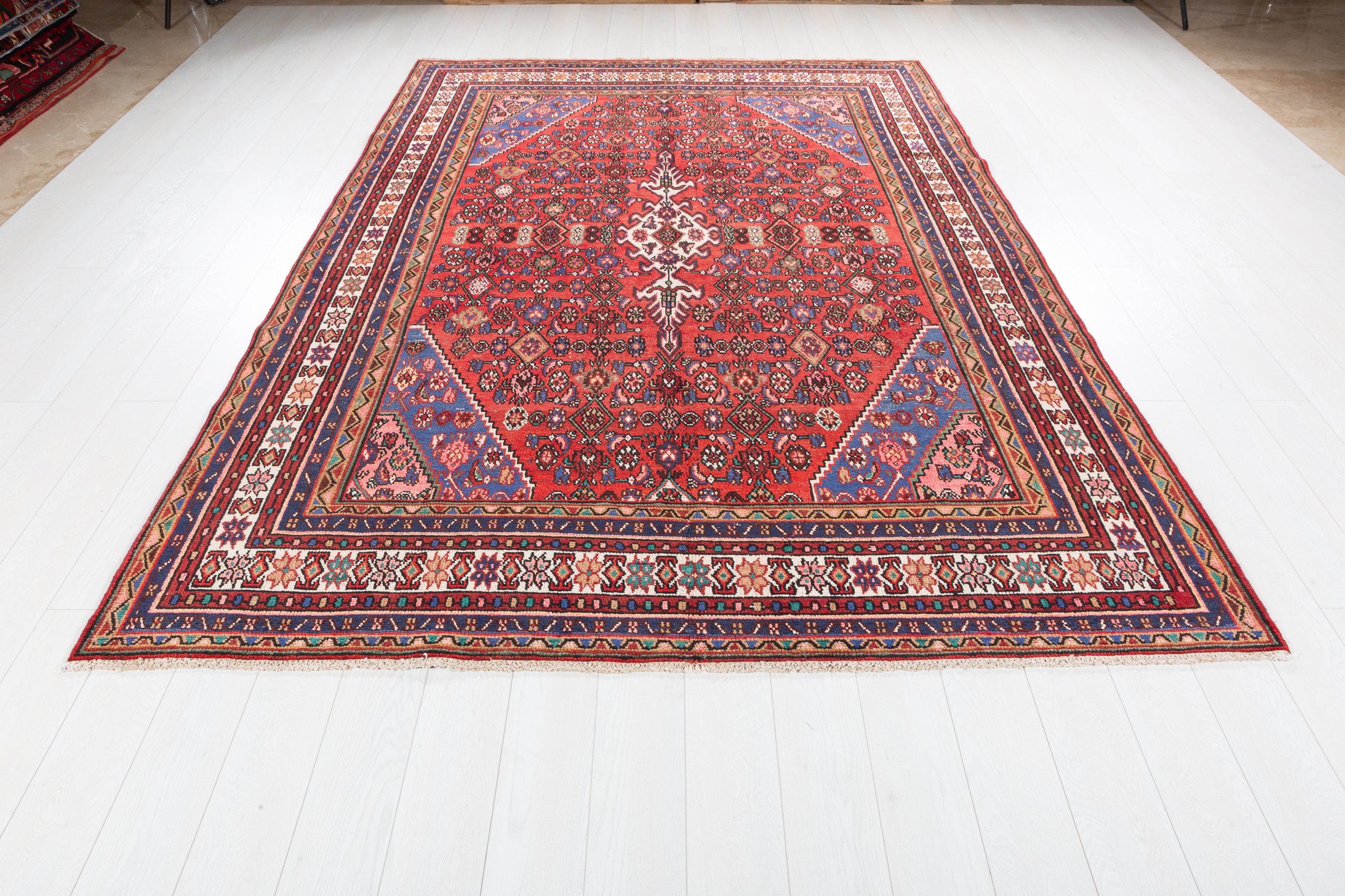 Vintage Red and navy Geometric Rug – 9' 9" x 6' 10" (297 x 209 cm)