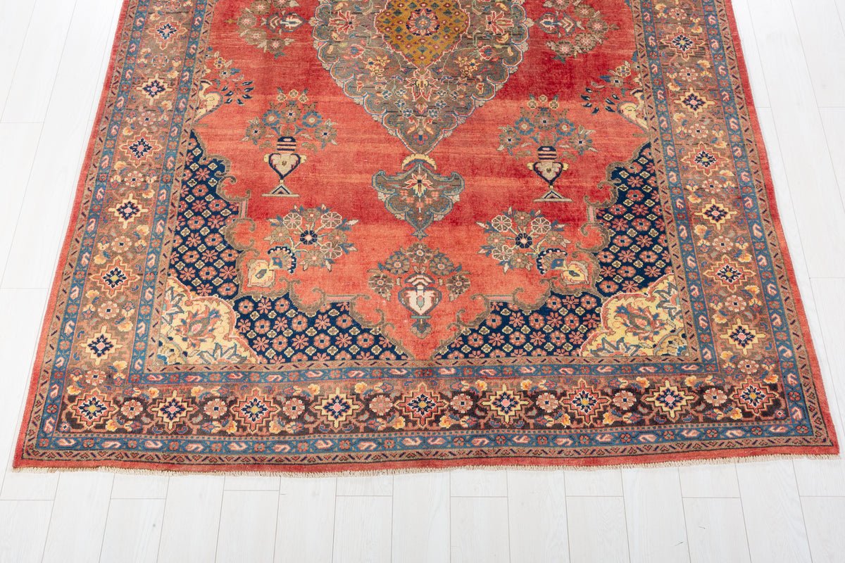 Collectible Vintage Faded red and beige Floral Rug – 9' 10" x 6' 10" (300 x 209 cm)