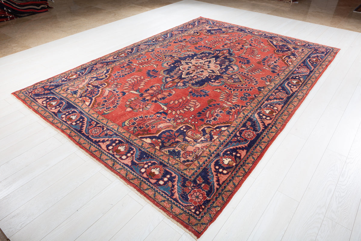 Collectible Vintage Red and navy Floral Rug – 10' 9" x 7' 6" (327 x 229 cm)