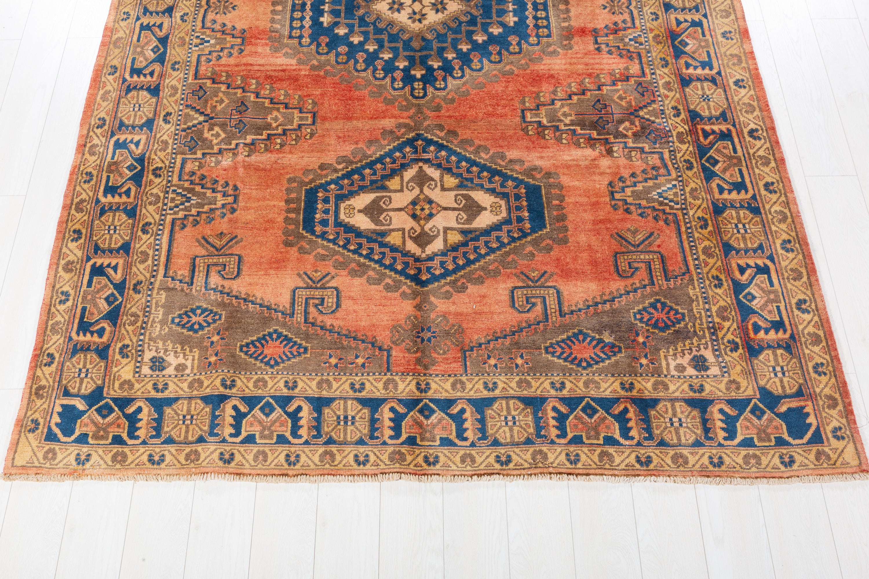 Collectible Vintage Faded orange-red and navy Geometric Rug – 9' 11" x 6' 7" (302 x 200 cm)