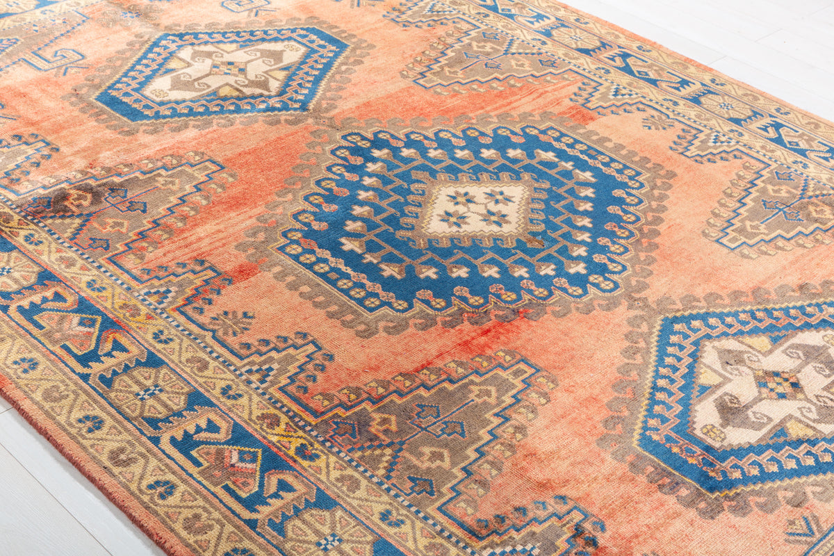 Collectible Vintage Faded orange-red and navy Geometric Rug – 9' 11" x 6' 7" (302 x 200 cm)