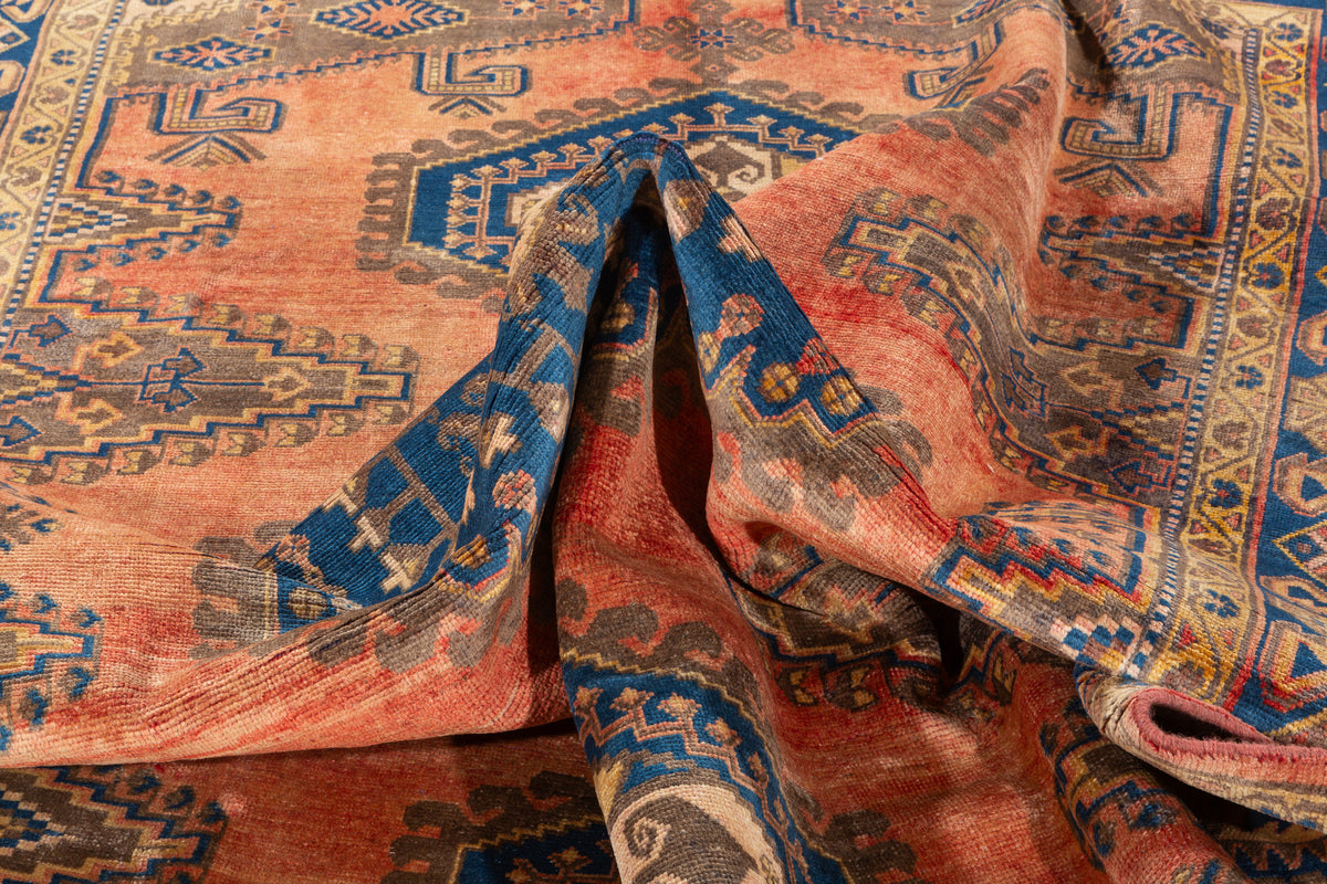 Collectible Vintage Faded orange-red and navy Geometric Rug – 9' 11" x 6' 7" (302 x 200 cm)