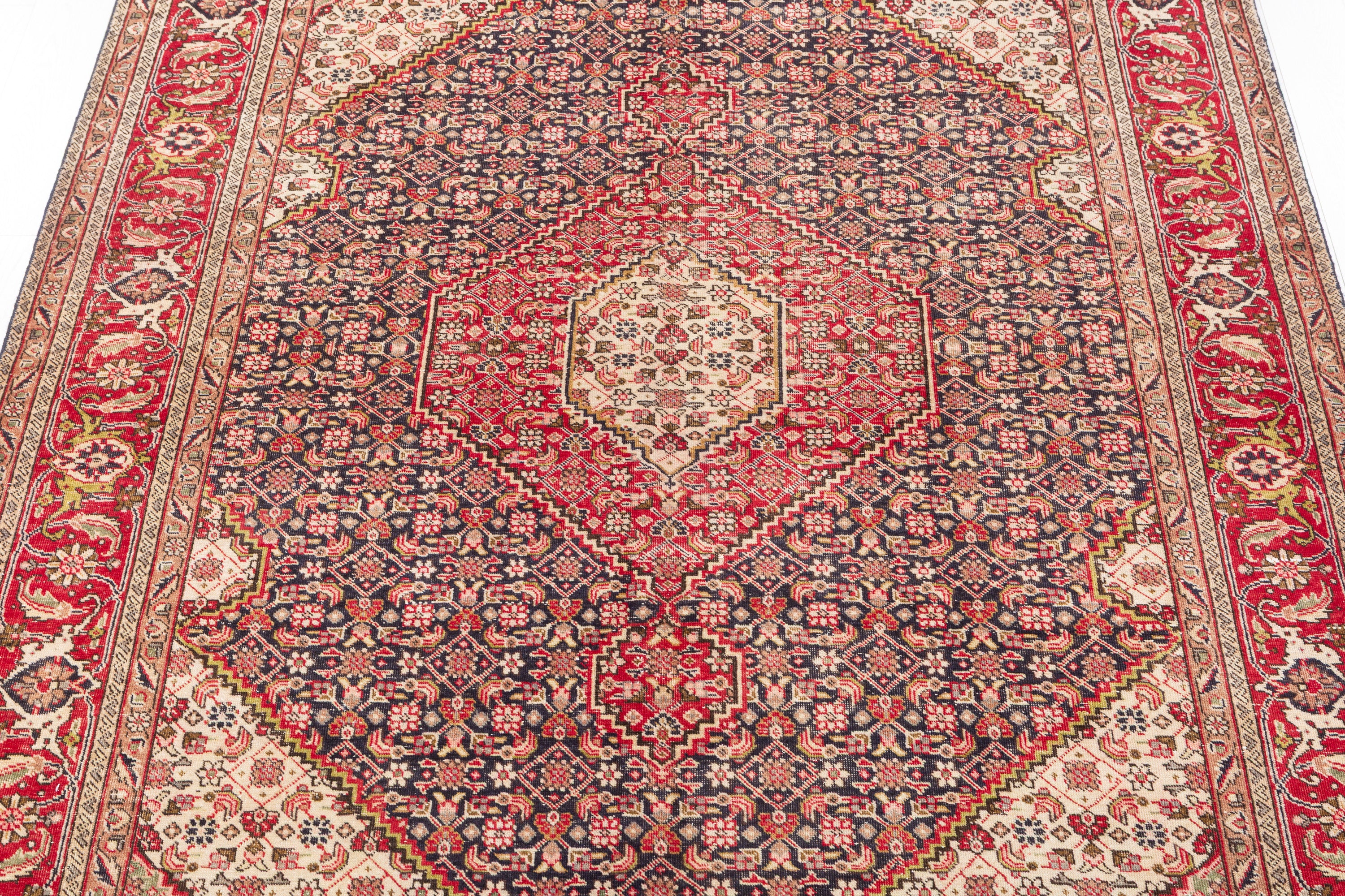 Vintage Deep navy and red Geometric Rug – 9' 4" x 6' 8" (284 x 202 cm)