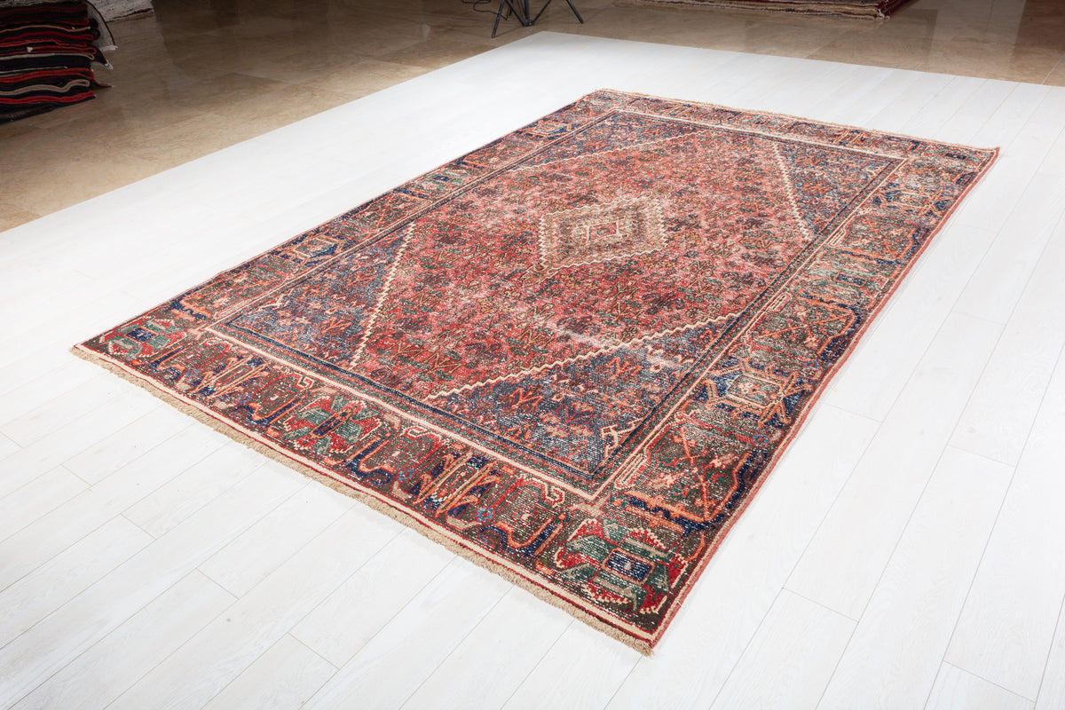Vintage Faded red and blue Traditional Rug – 9' 5" x 6' 4" (288 x 194 cm)