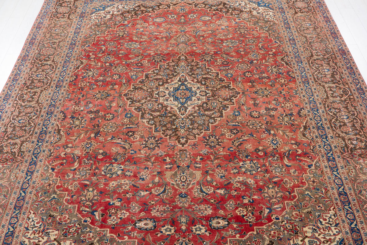 Vintage Faded red and navy Traditional Rug – 12' 8" x 9' 4" (385 x 284 cm)