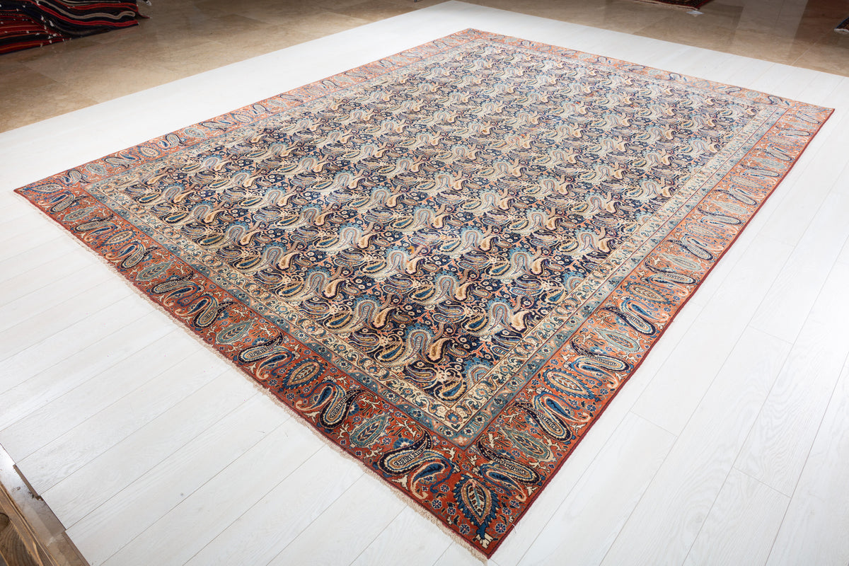 Collectible Vintage Navy blue and rust red Allover paisley Rug – 11' 8" x 8' 10" (355 x 268 cm)
