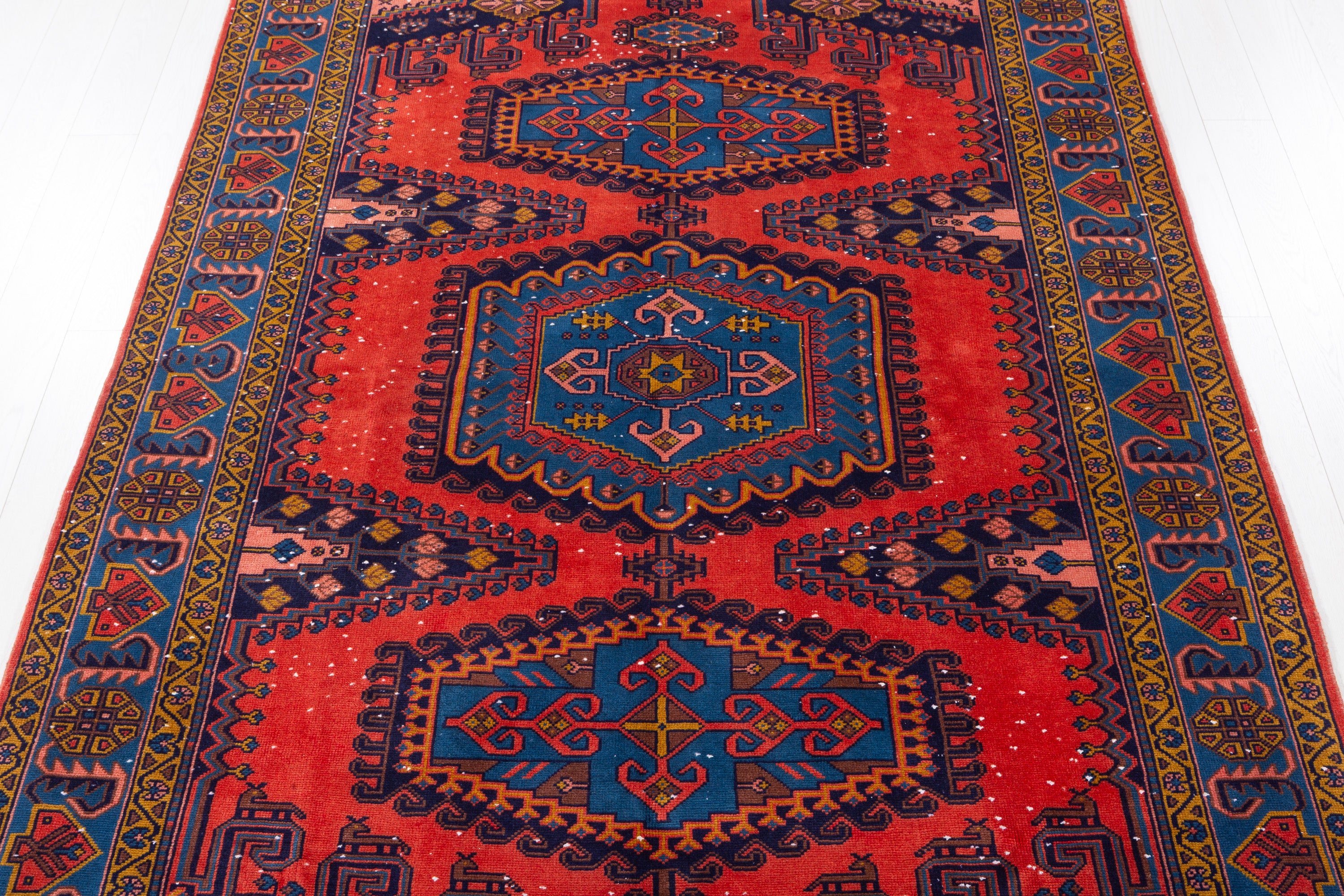 Collectible Vintage Orange-red and blue Geometric Rug – 10' 1" x 6' 6" (308 x 198 cm)