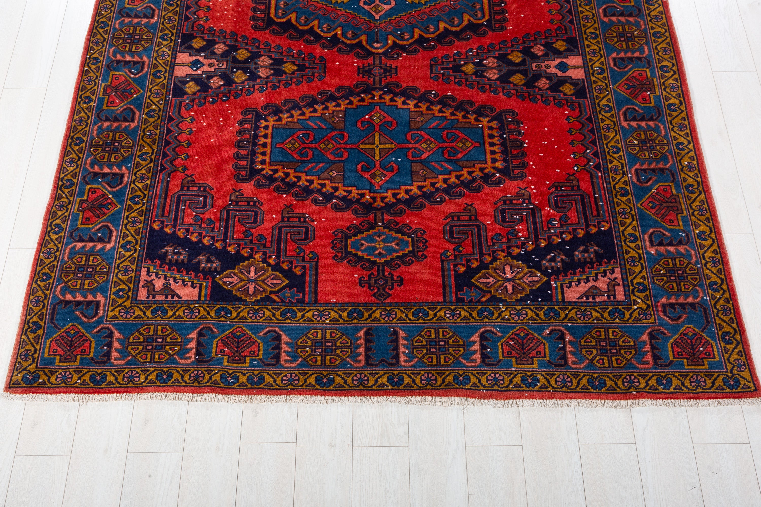 Collectible Vintage Orange-red and blue Geometric Rug – 10' 1" x 6' 6" (308 x 198 cm)