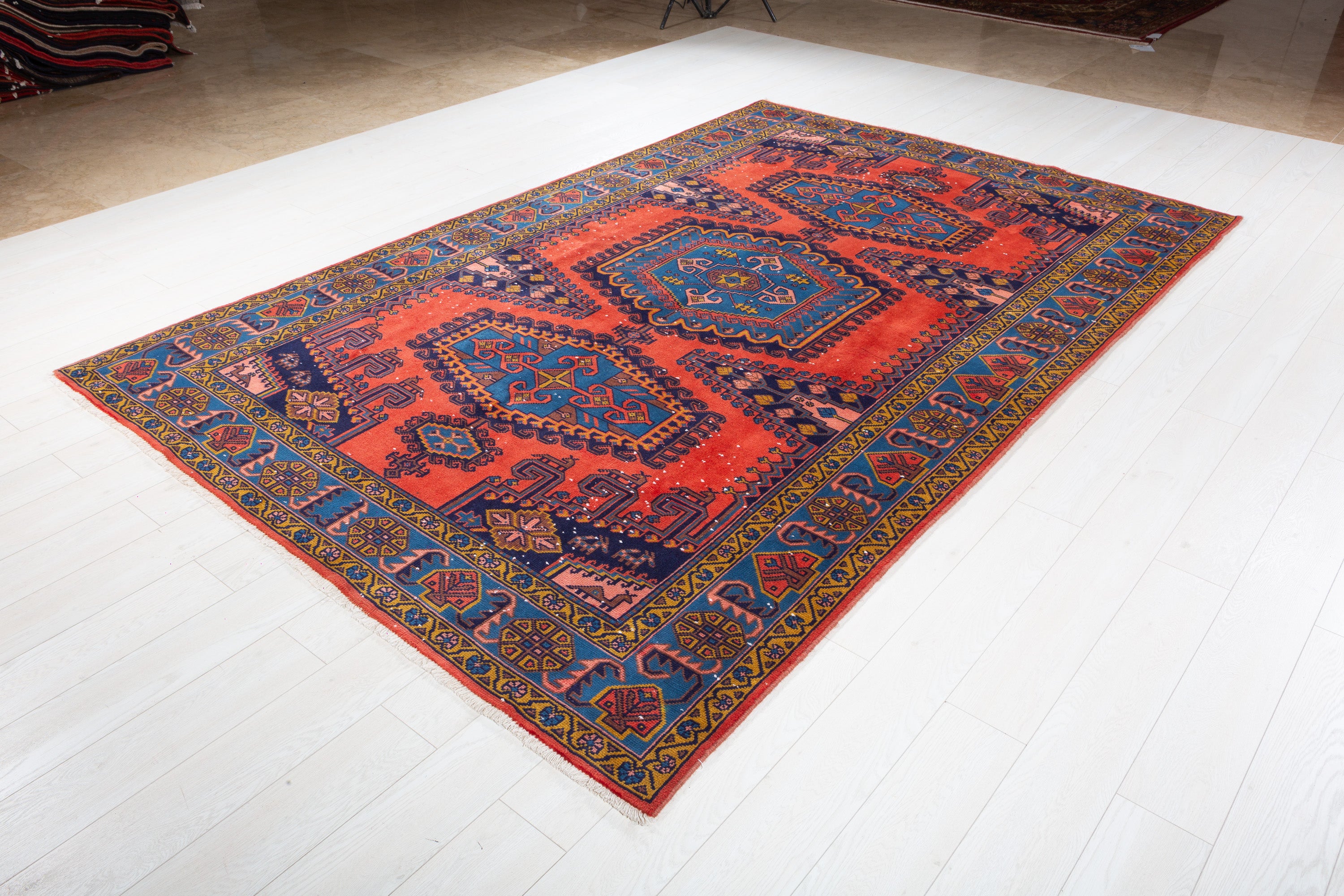 Collectible Vintage Orange-red and blue Geometric Rug – 10' 1" x 6' 6" (308 x 198 cm)
