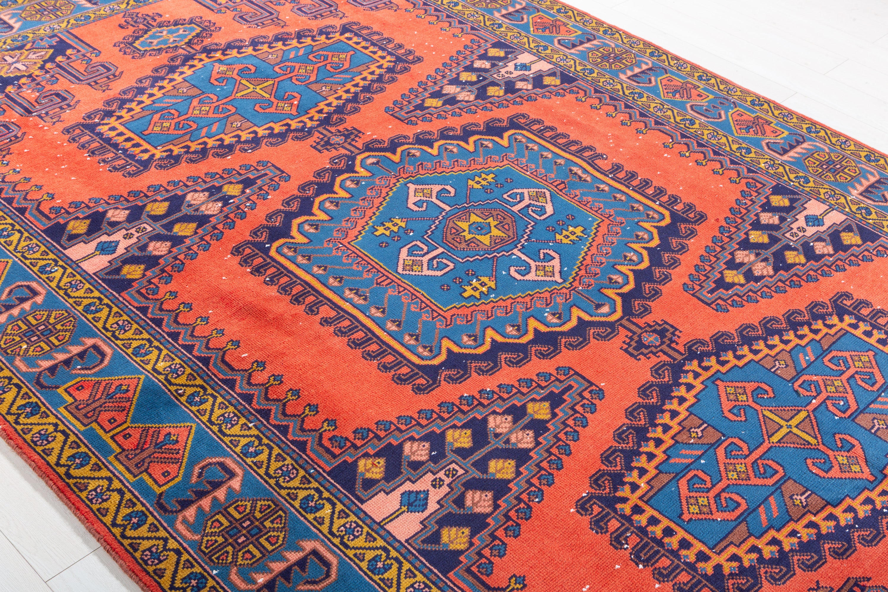 Collectible Vintage Orange-red and blue Geometric Rug – 10' 1" x 6' 6" (308 x 198 cm)