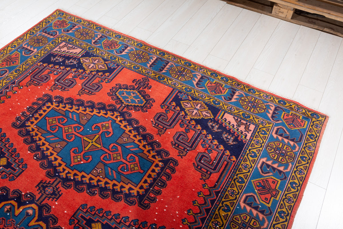 Collectible Vintage Orange-red and blue Geometric Rug – 10' 1" x 6' 6" (308 x 198 cm)