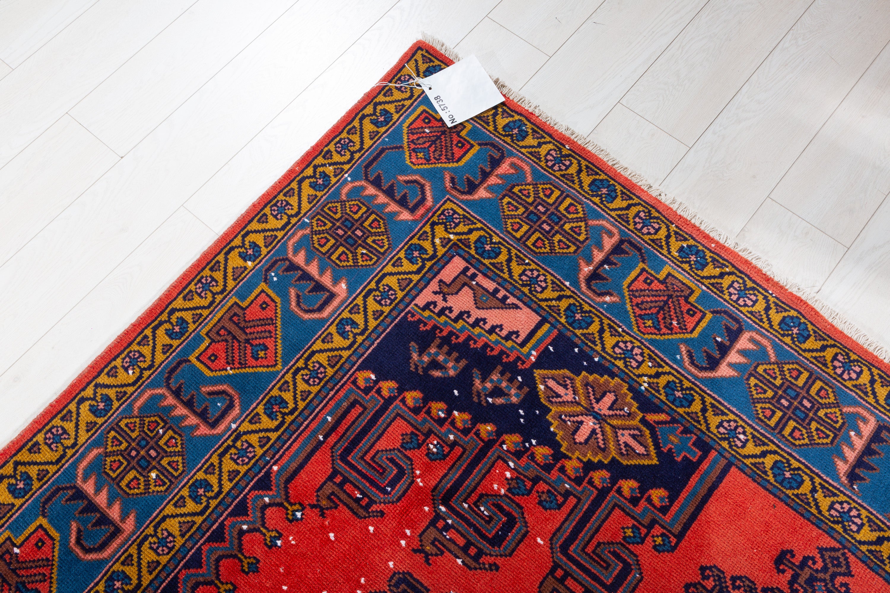 Collectible Vintage Orange-red and blue Geometric Rug – 10' 1" x 6' 6" (308 x 198 cm)