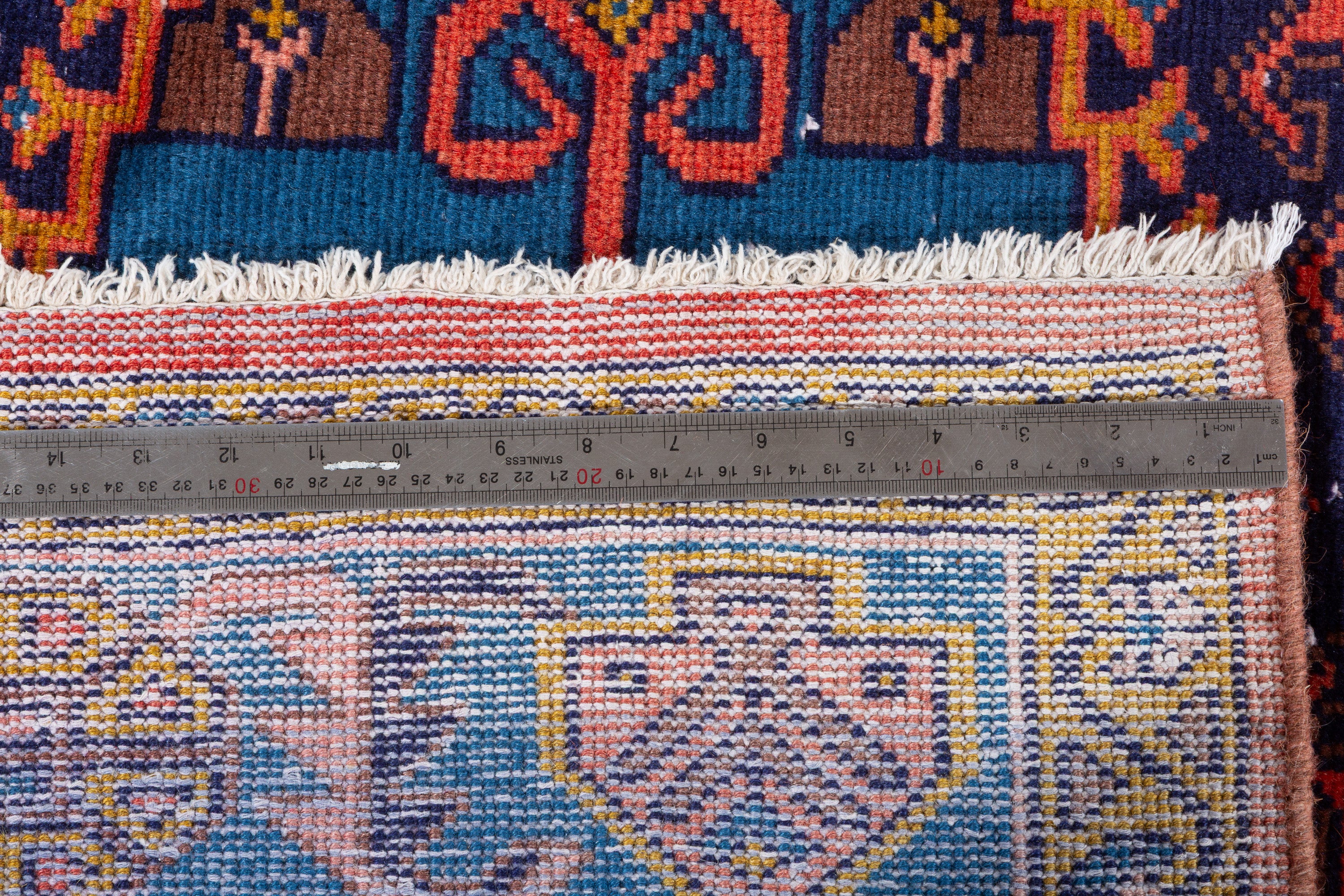 Collectible Vintage Orange-red and blue Geometric Rug – 10' 1" x 6' 6" (308 x 198 cm)