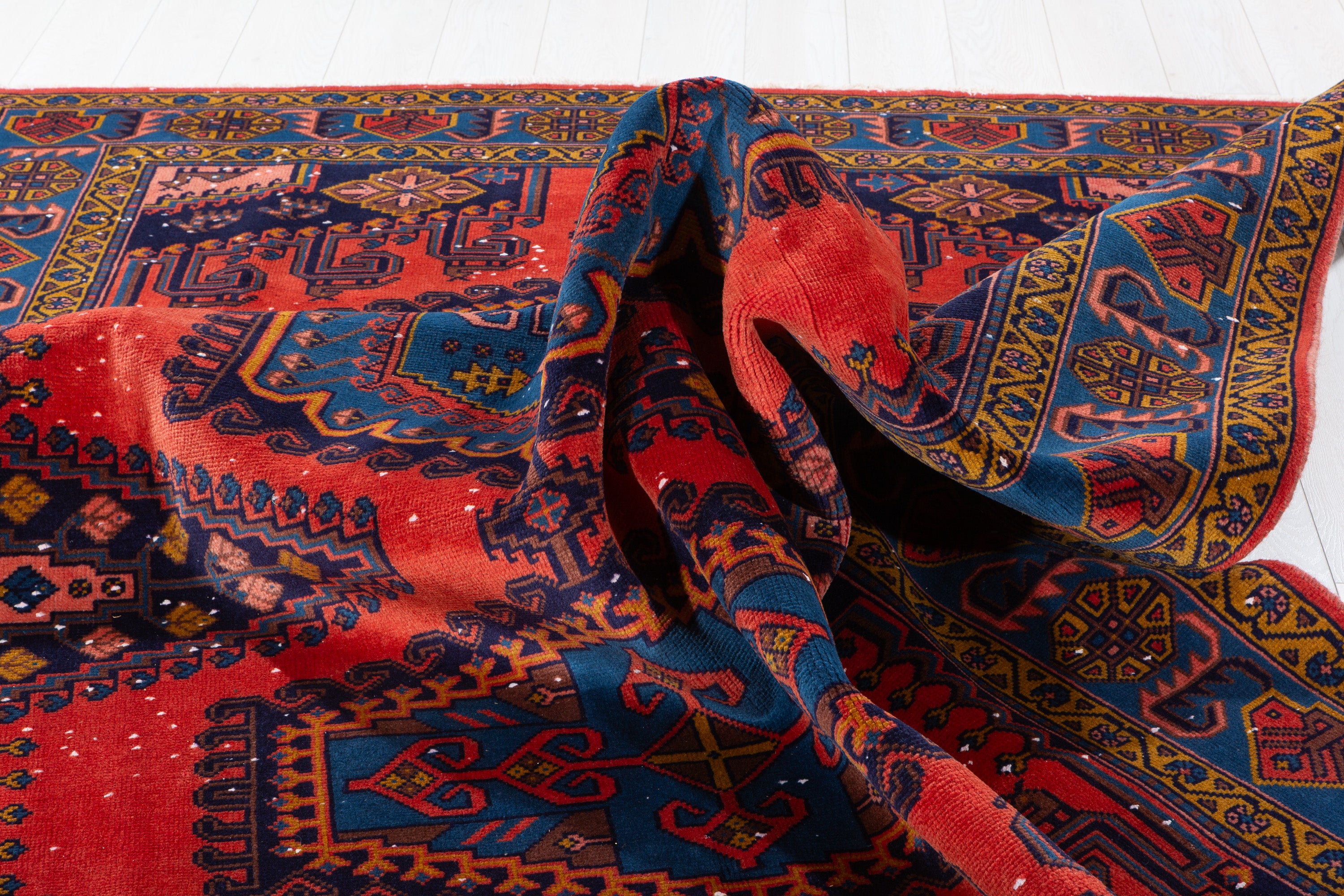 Collectible Vintage Orange-red and blue Geometric Rug – 10' 1" x 6' 6" (308 x 198 cm)