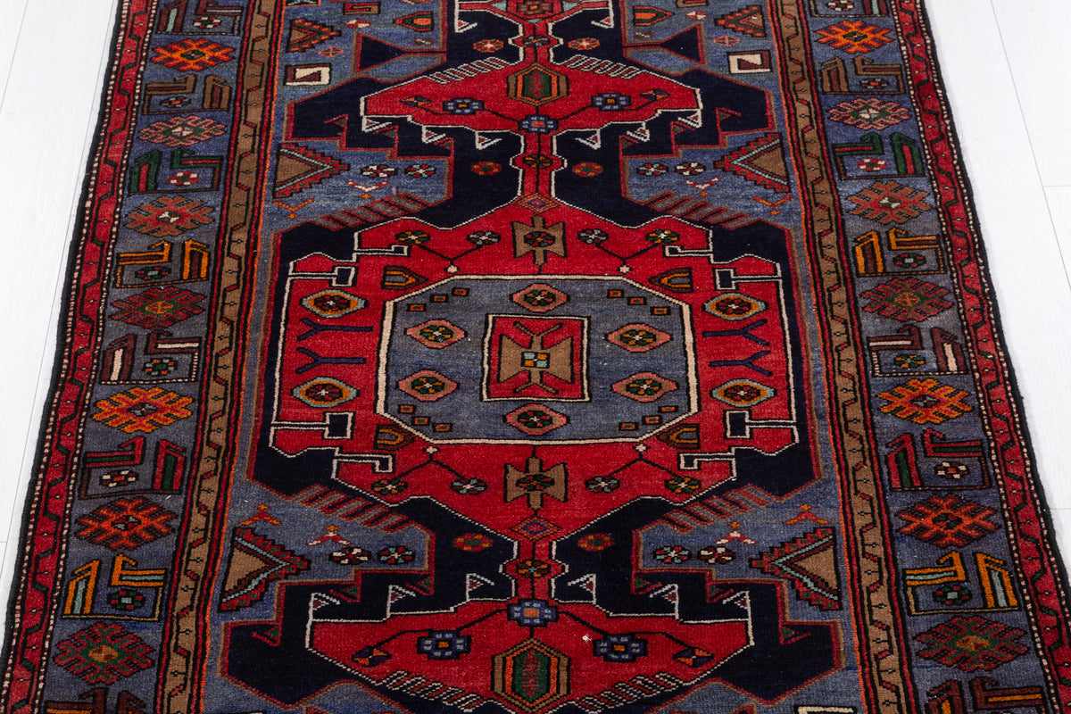 Collectible Vintage Red, Navy Blue Geometric Medallion Area Rug – 6' 6" x 4' 4" (197 x 132 cm)