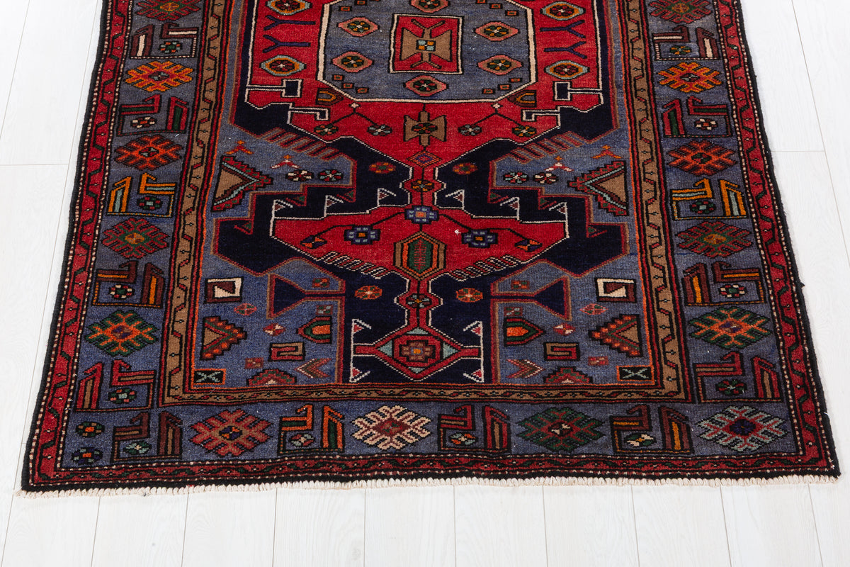 Collectible Vintage Red, Navy Blue Geometric Medallion Area Rug – 6' 6" x 4' 4" (197 x 132 cm)