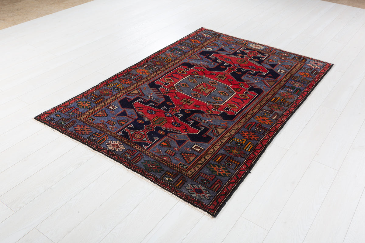 Collectible Vintage Red, Navy Blue Geometric Medallion Area Rug – 6' 6" x 4' 4" (197 x 132 cm)