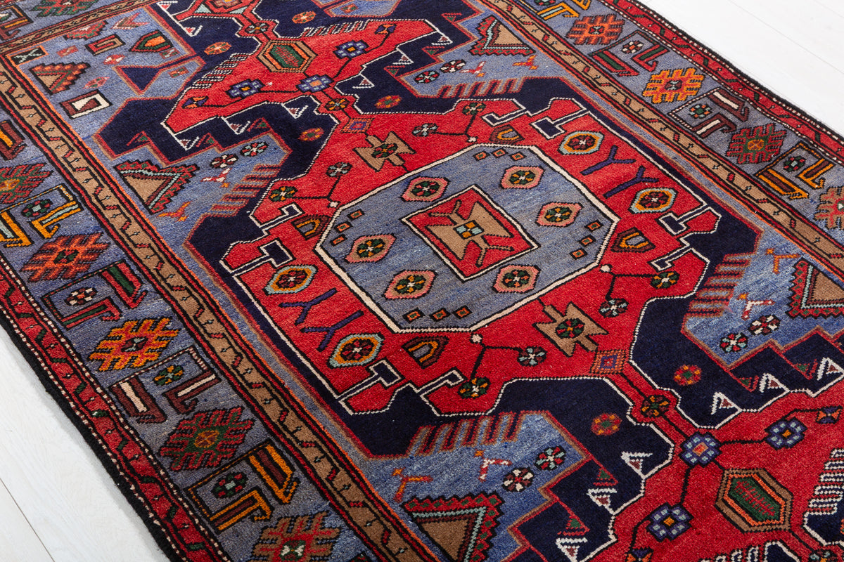 Collectible Vintage Red, Navy Blue Geometric Medallion Area Rug – 6' 6" x 4' 4" (197 x 132 cm)