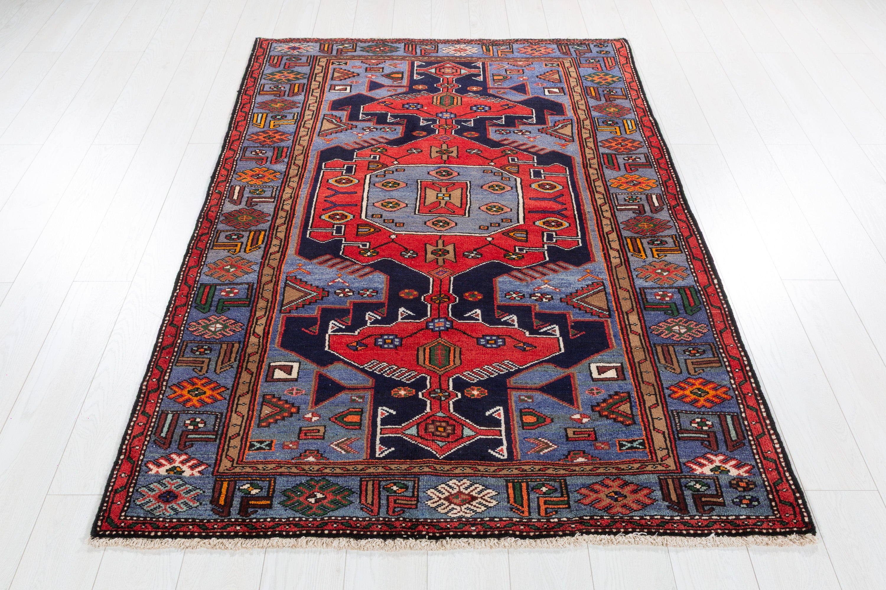 Collectible Vintage Red, Navy Blue Geometric Medallion Area Rug – 6' 6" x 4' 4" (197 x 132 cm)