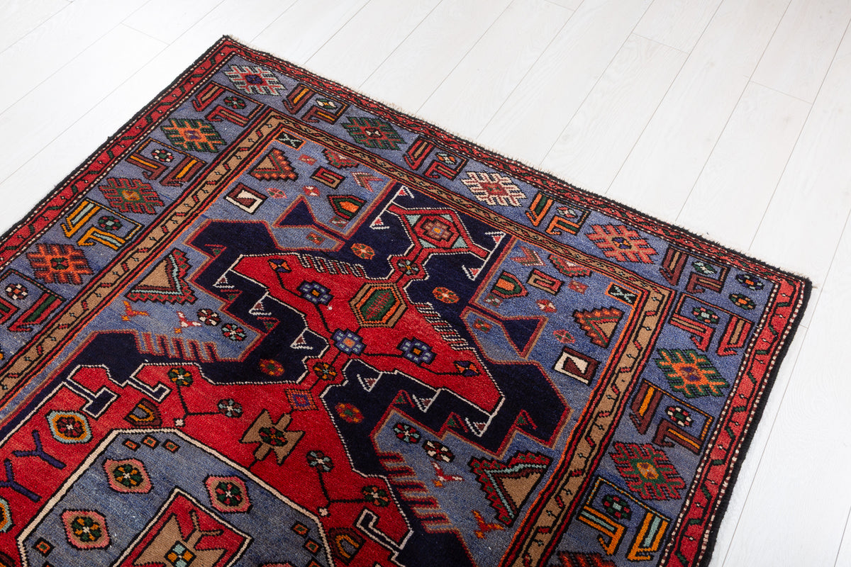 Collectible Vintage Red, Navy Blue Geometric Medallion Area Rug – 6' 6" x 4' 4" (197 x 132 cm)