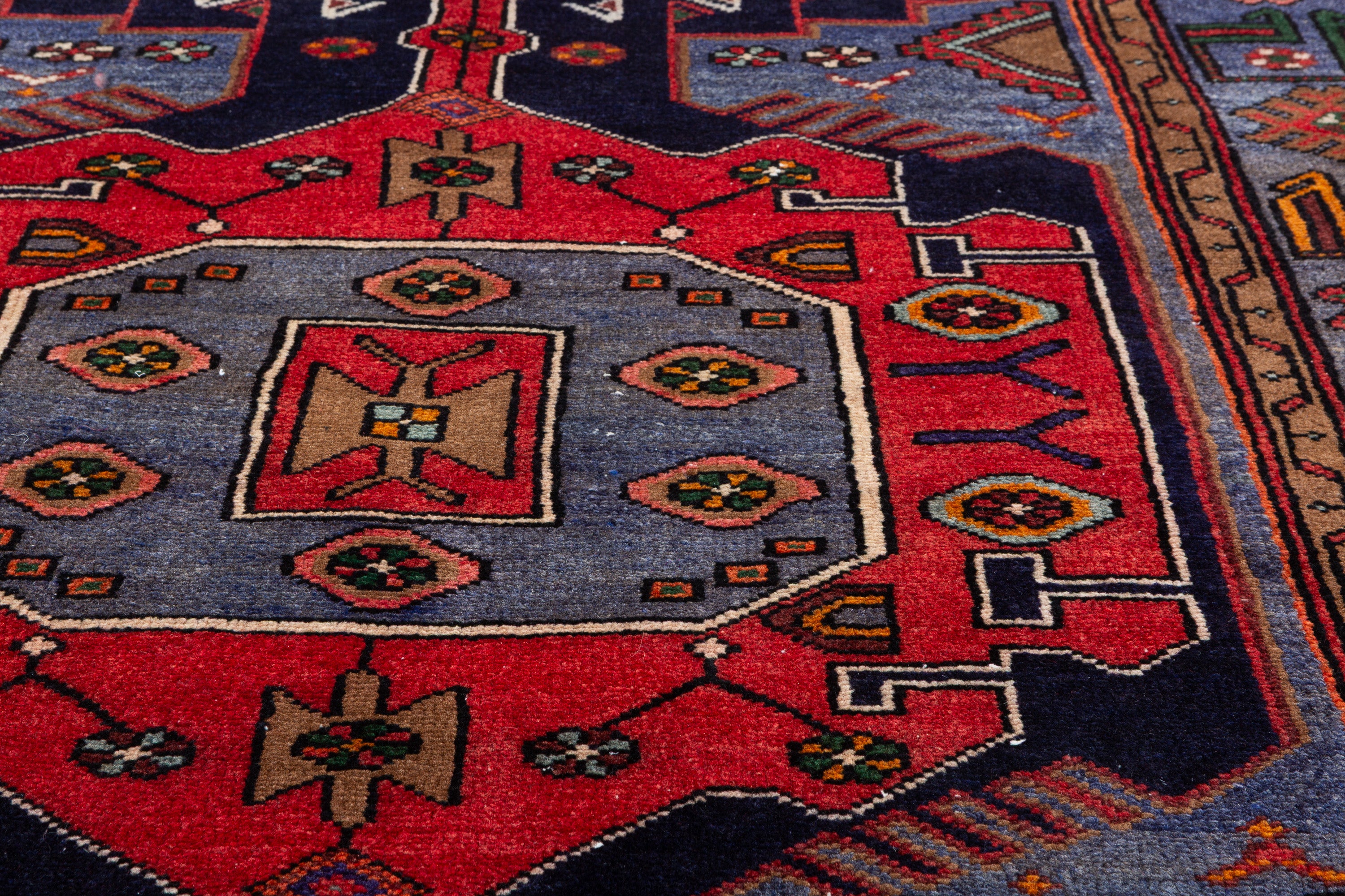 Collectible Vintage Red, Navy Blue Geometric Medallion Area Rug – 6' 6" x 4' 4" (197 x 132 cm)