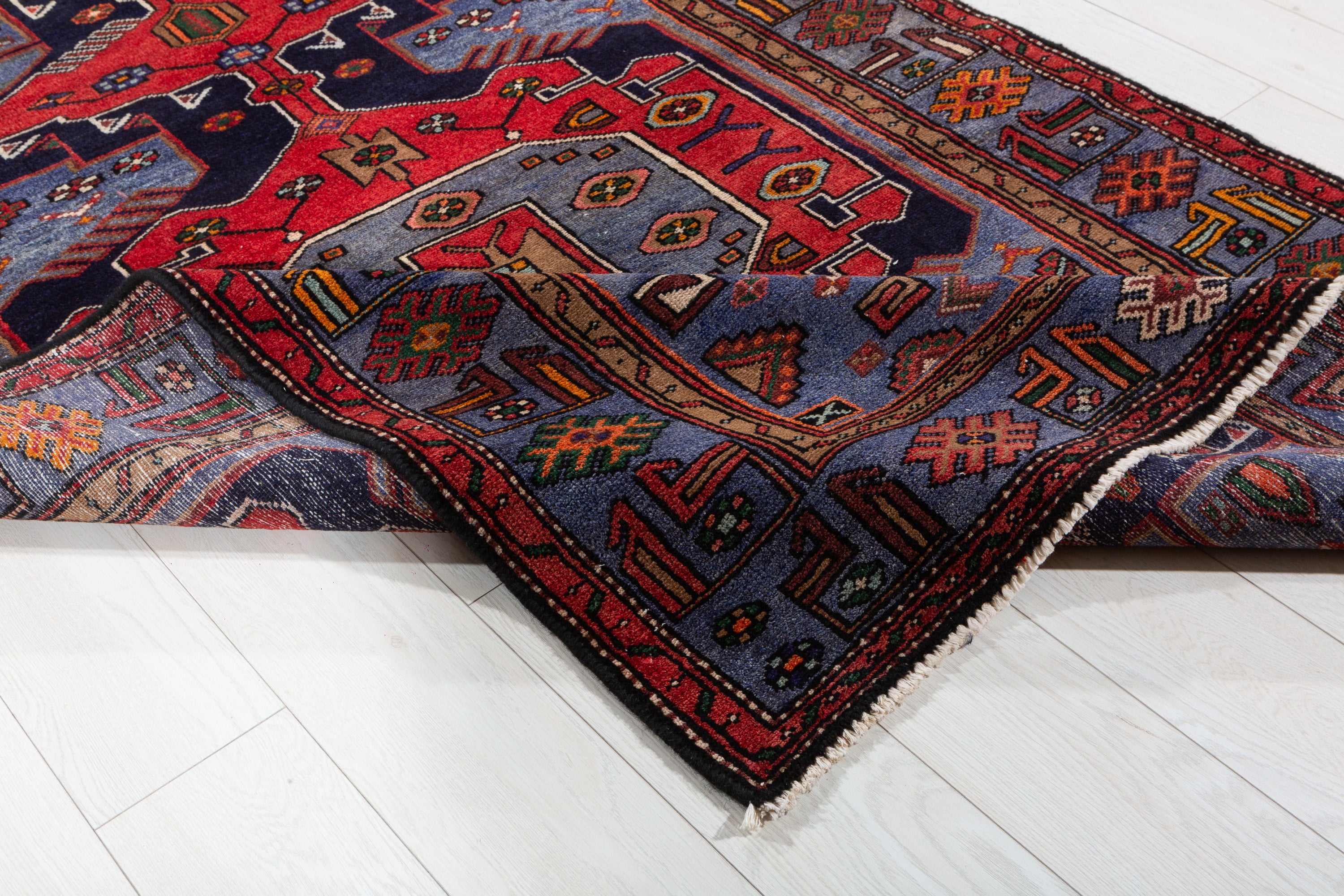 Collectible Vintage Red, Navy Blue Geometric Medallion Area Rug – 6' 6" x 4' 4" (197 x 132 cm)