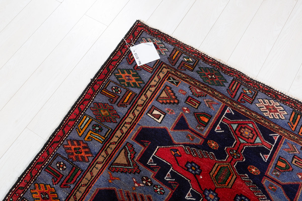 Collectible Vintage Red, Navy Blue Geometric Medallion Area Rug – 6' 6" x 4' 4" (197 x 132 cm)