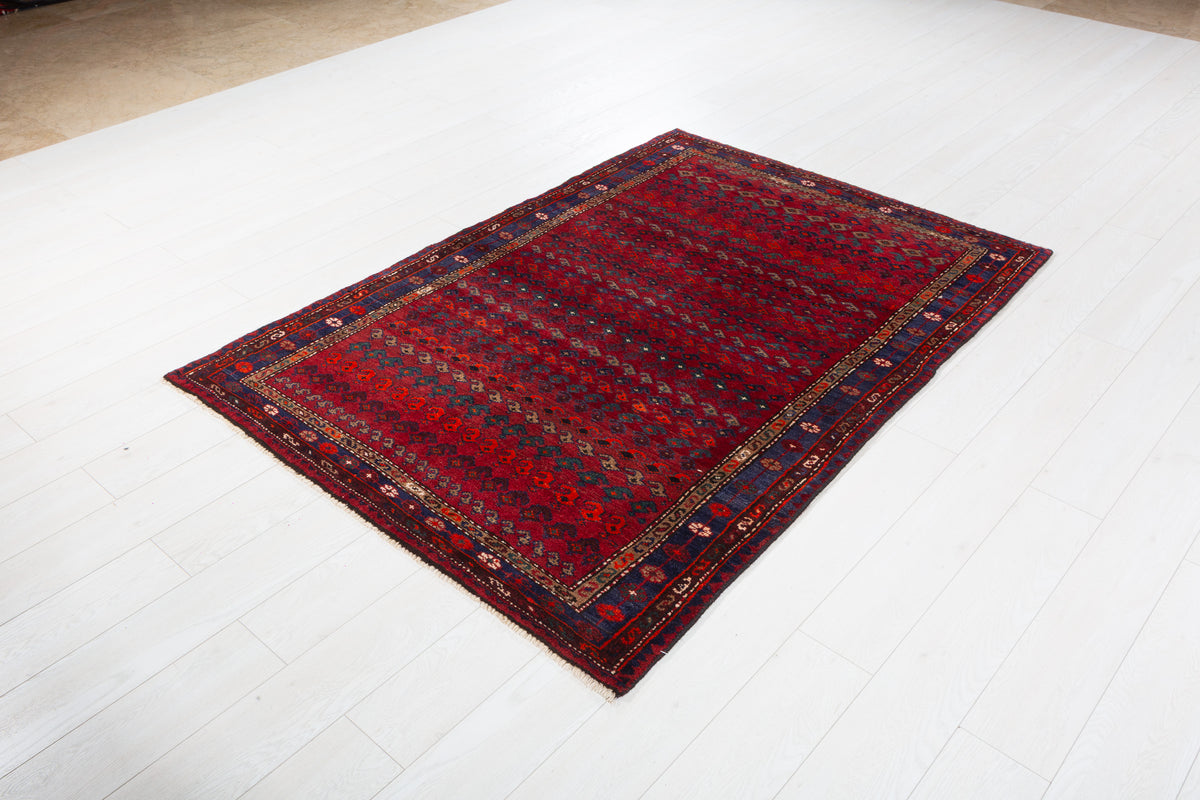 Collectible Vintage Red, Navy Blue Allover Geometric Area Rug – 6' 1" x 4' 4" (186 x 131 cm)