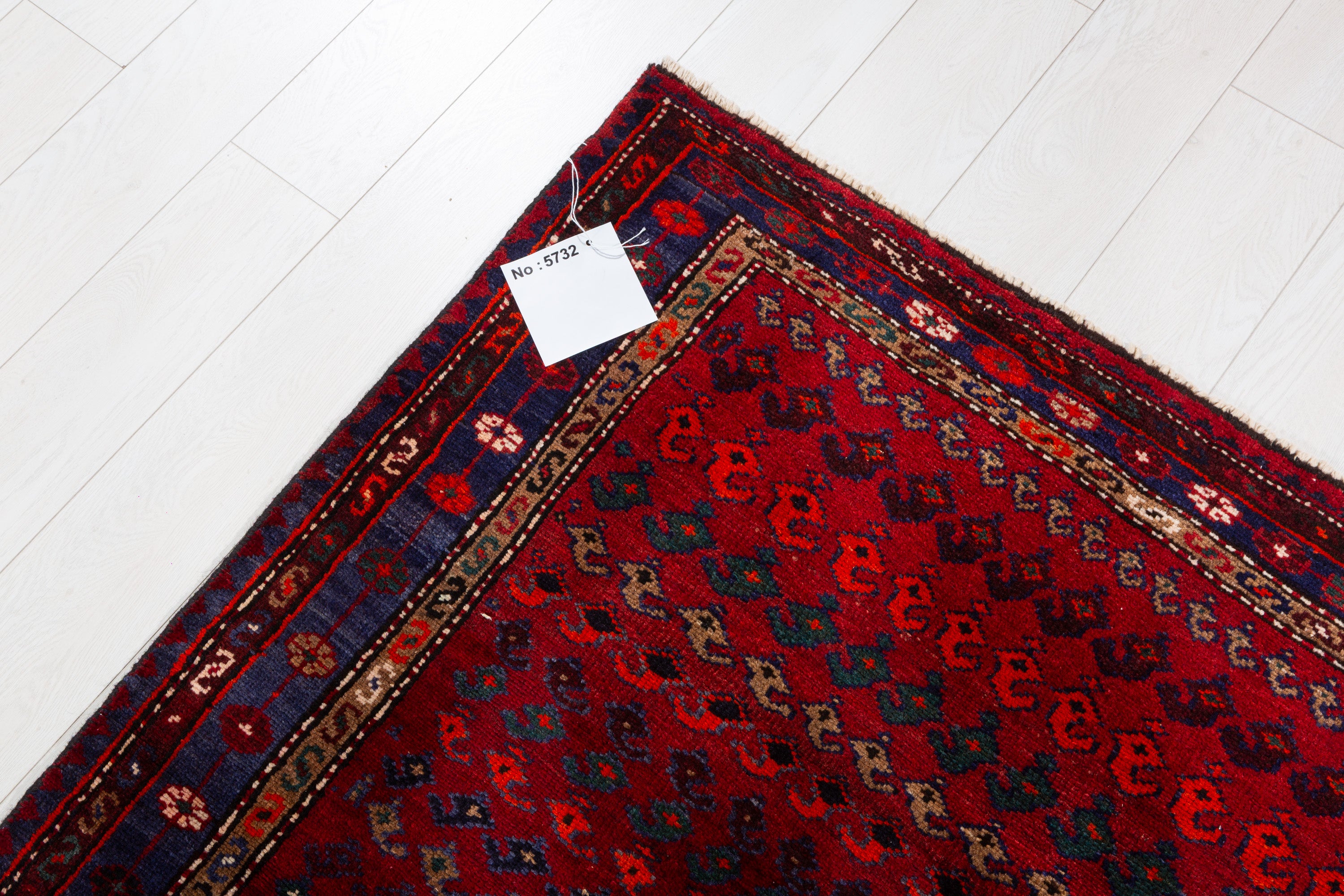 Collectible Vintage Red, Navy Blue Allover Geometric Area Rug – 6' 1" x 4' 4" (186 x 131 cm)