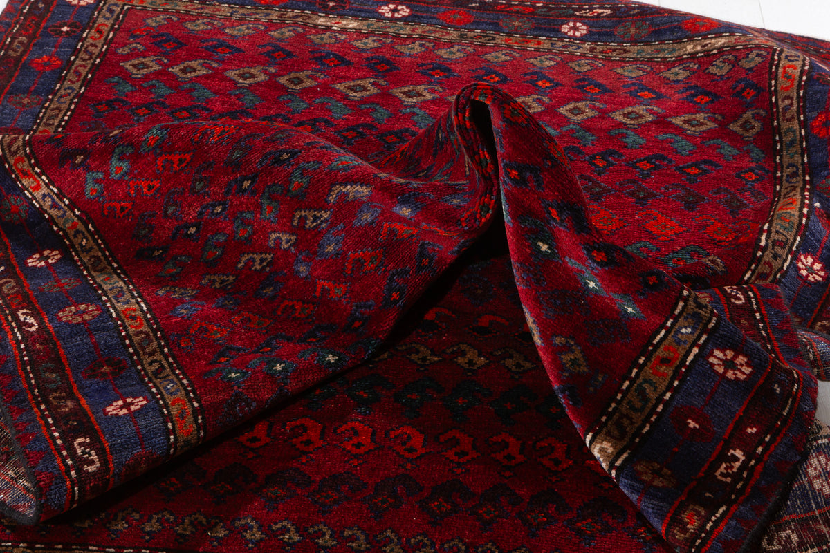 Collectible Vintage Red, Navy Blue Allover Geometric Area Rug – 6' 1" x 4' 4" (186 x 131 cm)