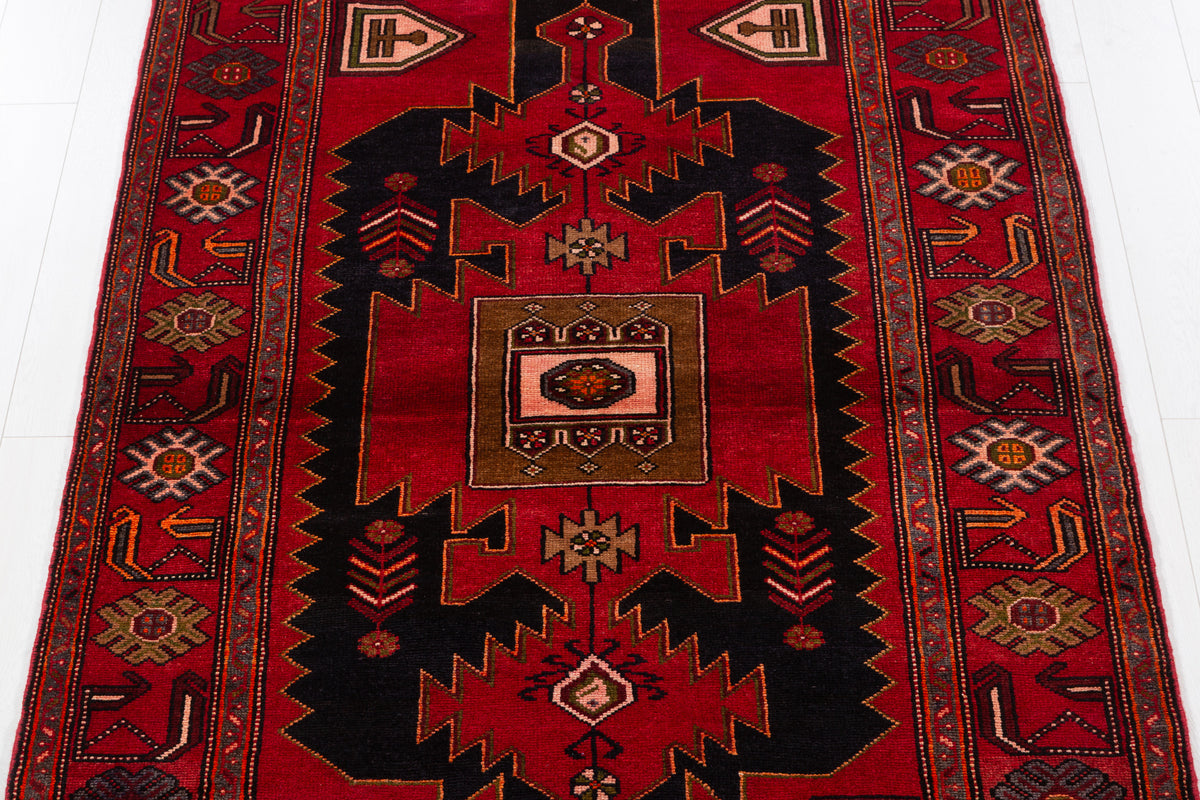 Collectible Vintage Red, Intense Deep Navy Blue Geometric Medallion Area Rug – 6' 4" x 4' 4" (193 x 131 cm)